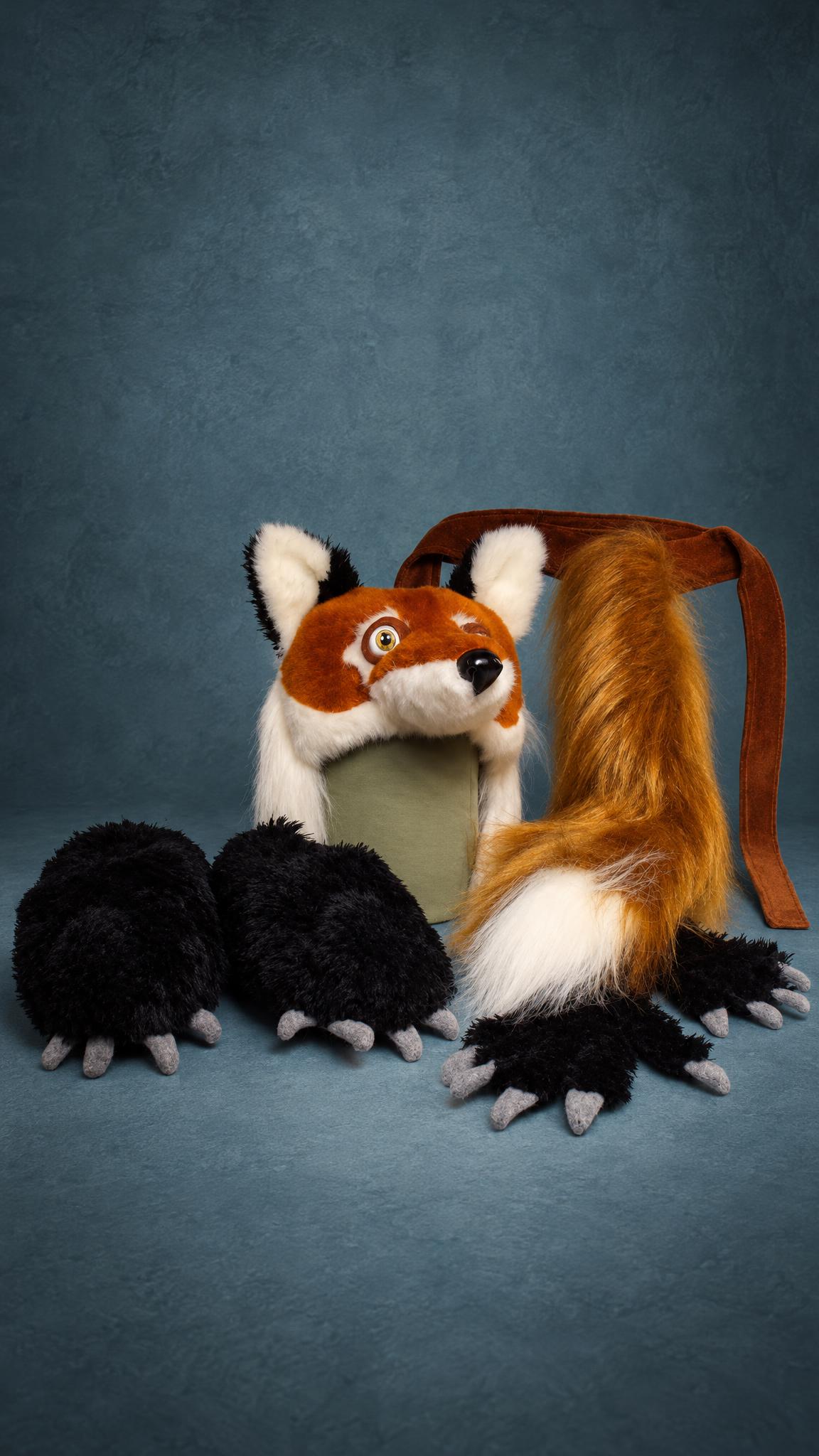 Handmade kids fox costume set: rust-orange fox hood, four black paws with grey claws and a bushy tail