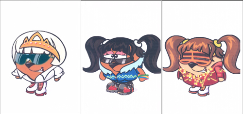 Reference drawings for the Kikoriki plush trio Reference drawings of three disco characters in KikoRiki style, used to sew this custom Kikoriki plush trio