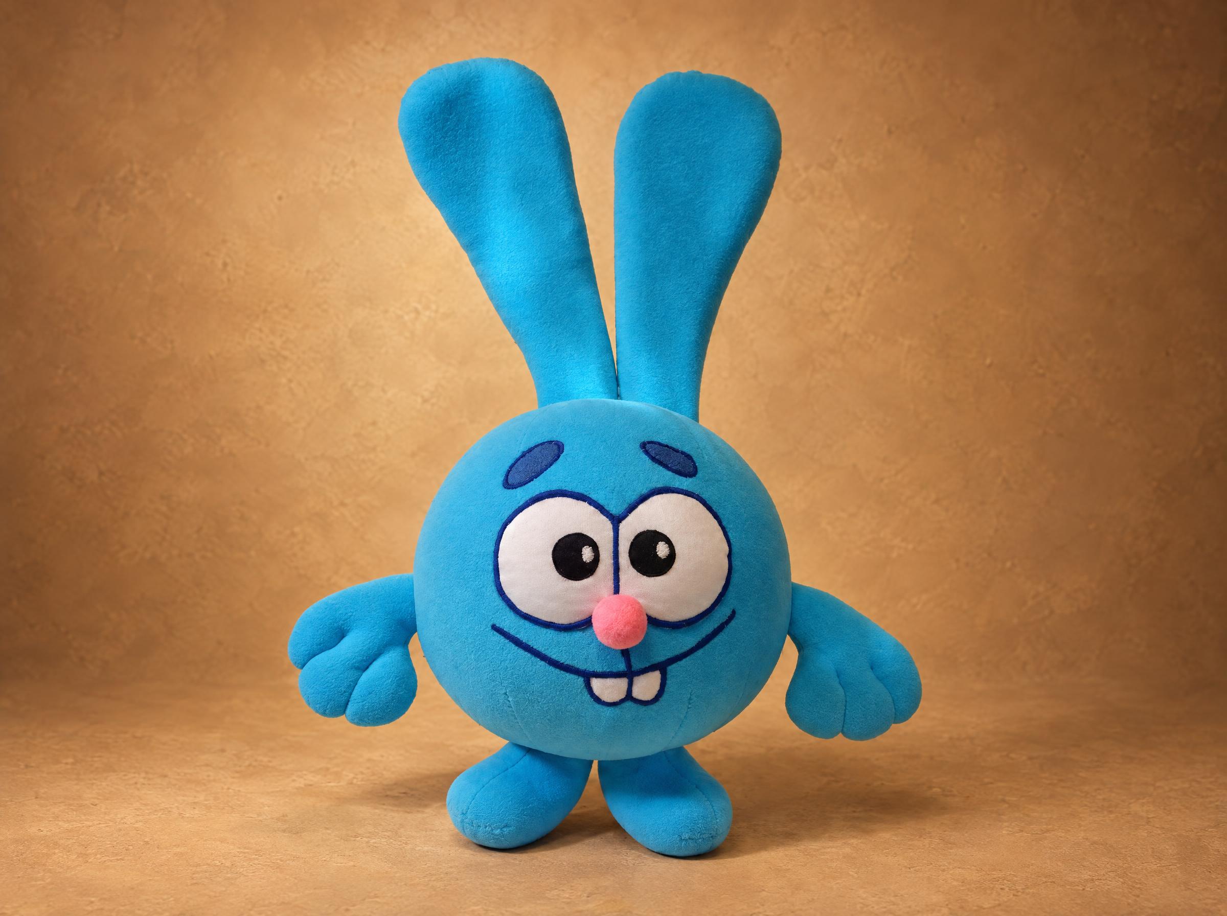 Kikoriki Krash plush made to order: sky-blue fleece rabbit with tall ears, buck teeth and a pink pompom nose