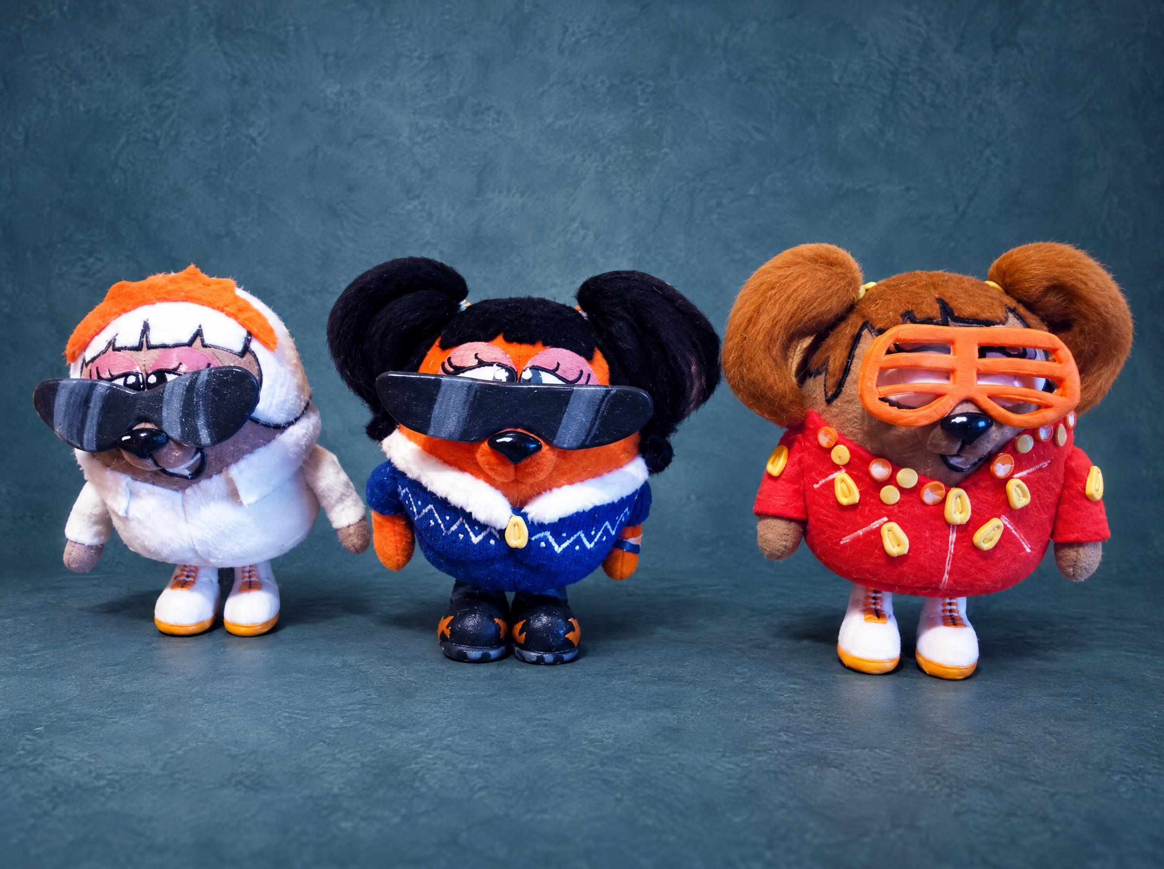 Kikoriki plush trio made to order from drawings: disco outfits, visor shades, shutter glasses, sequin shirt
