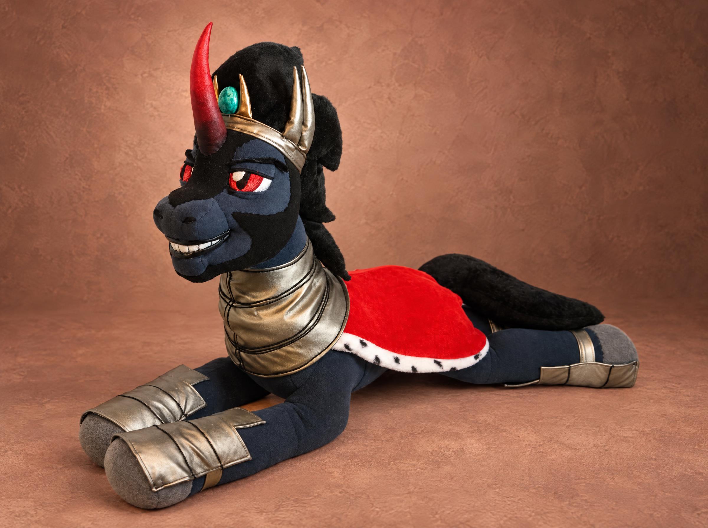 King Sombra plush from My Little Pony with a red horn, silver crown and red cape, handmade to order