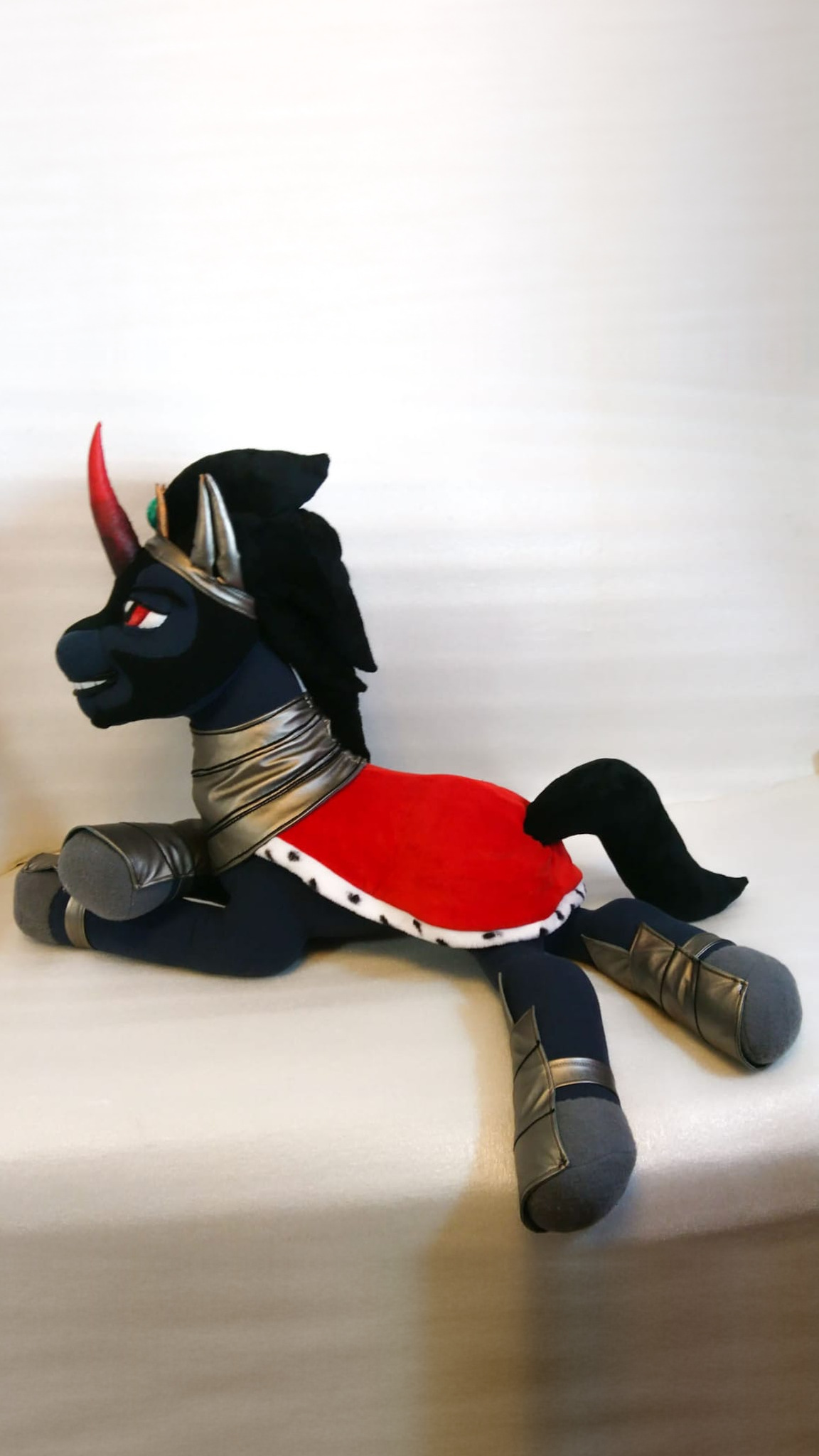 Custom King Sombra plush with weighted legs, silver leg armor and red cape, handmade MLP toy to order