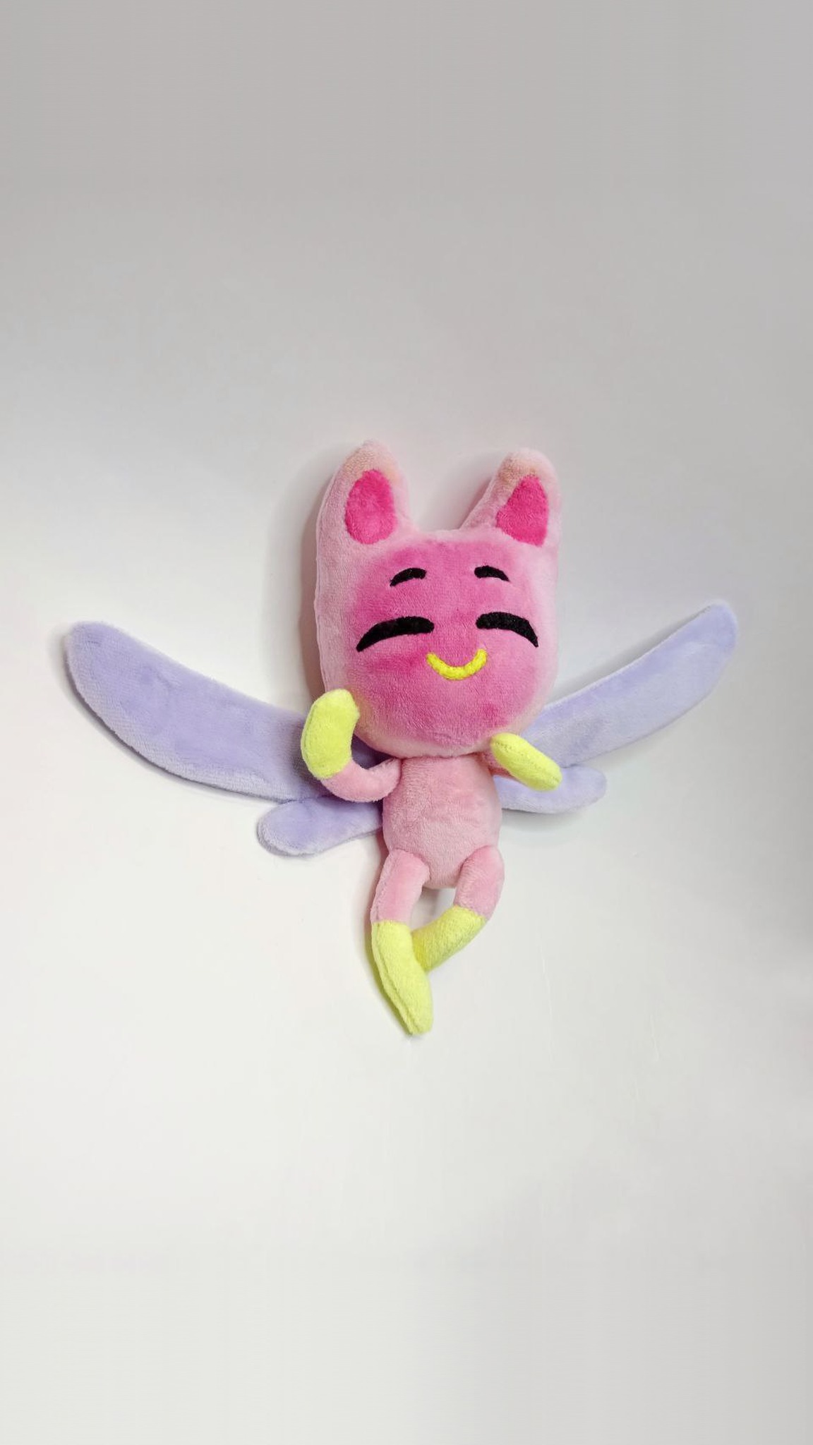 Kotofeechka plush made to order: Fantasy Patrol fairy cat in pink plush, lilac wings spread, paw at the cheek