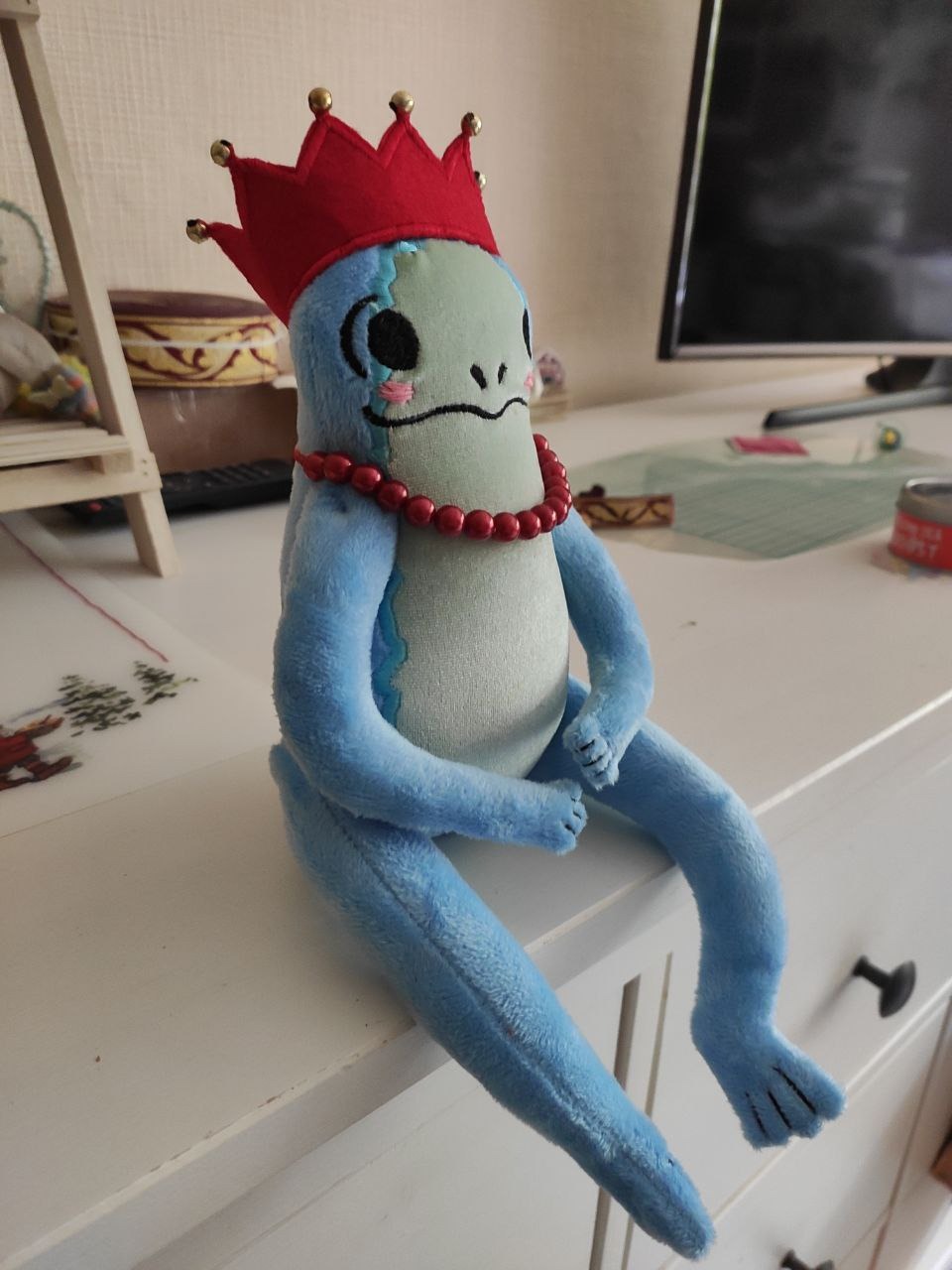 Lanky blue frog plush Lanky blue frog plush with very long legs and a red crown, frog princess sticker toy made to order
