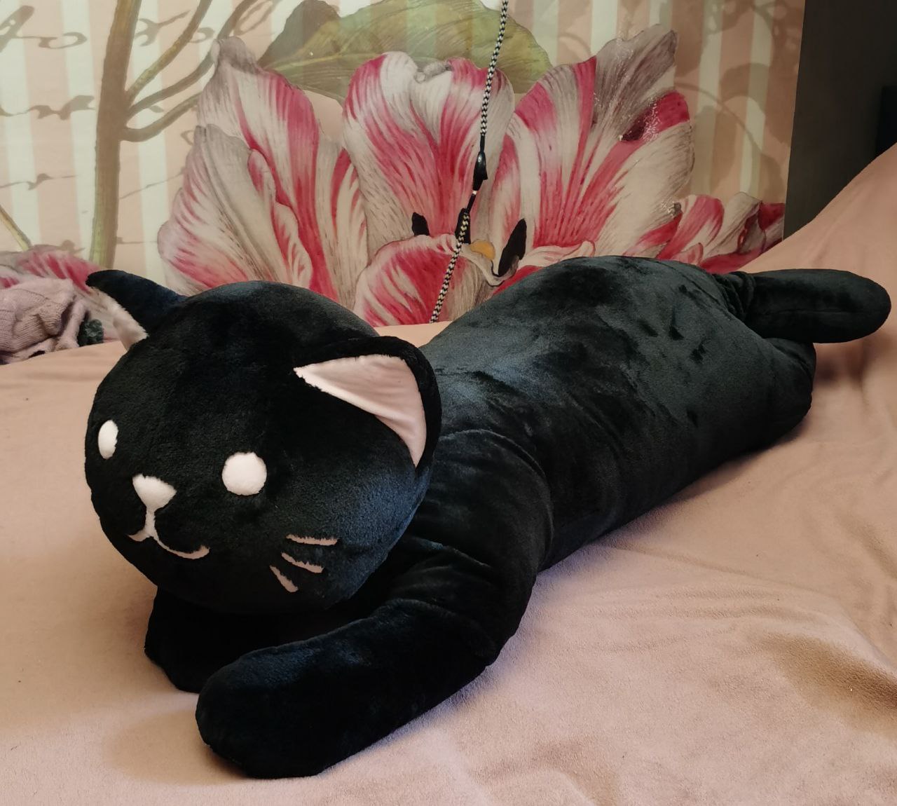 Large black cat plush pillow, handmade Large black cat plush pillow handmade to order, lying stretched out with a back leg raised behind