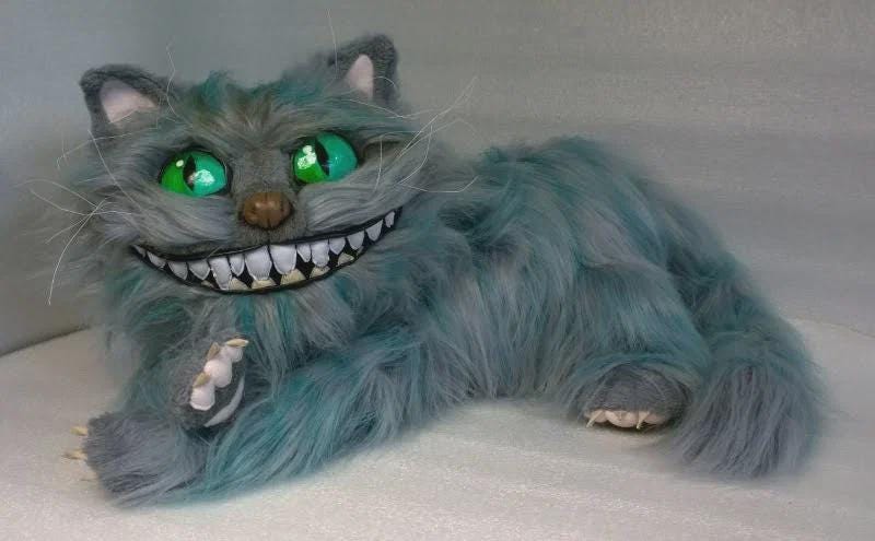 Large Cheshire Cat plush, Alice in Wonderland Large Cheshire Cat plush from Alice in Wonderland, 50 cm faux fur cat with a clawed paw raised, made to order