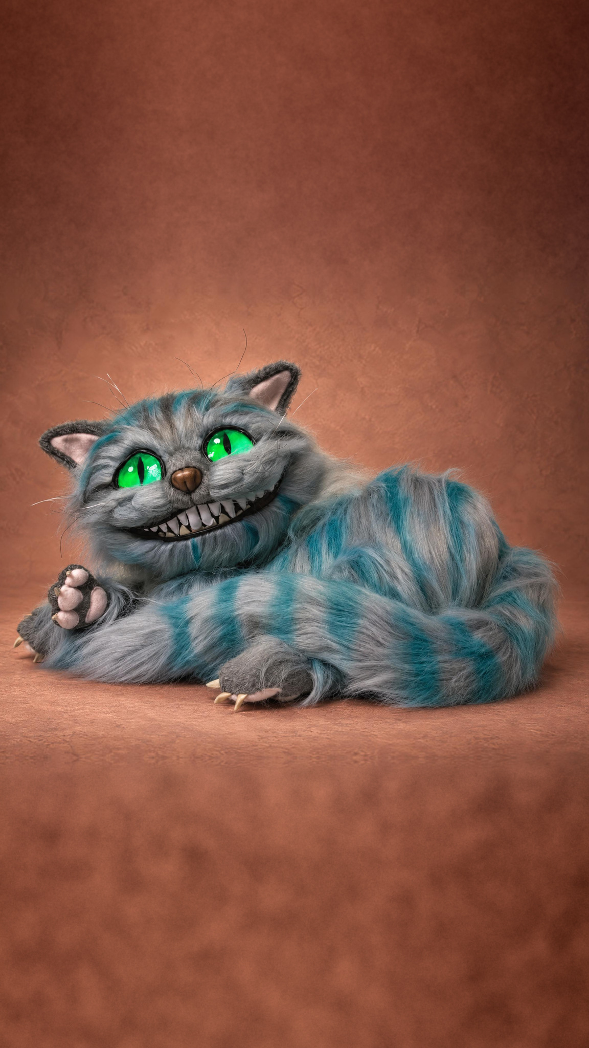 Custom Cheshire Cat plush from Alice in Wonderland lying down, clawed paw raised, teal stripes, sewn to order