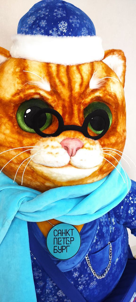 Learned cat plush with hand-painted felt eyes Learned cat plush face: green felt eyes painted with acrylics, round black glasses, ginger tabby stripes