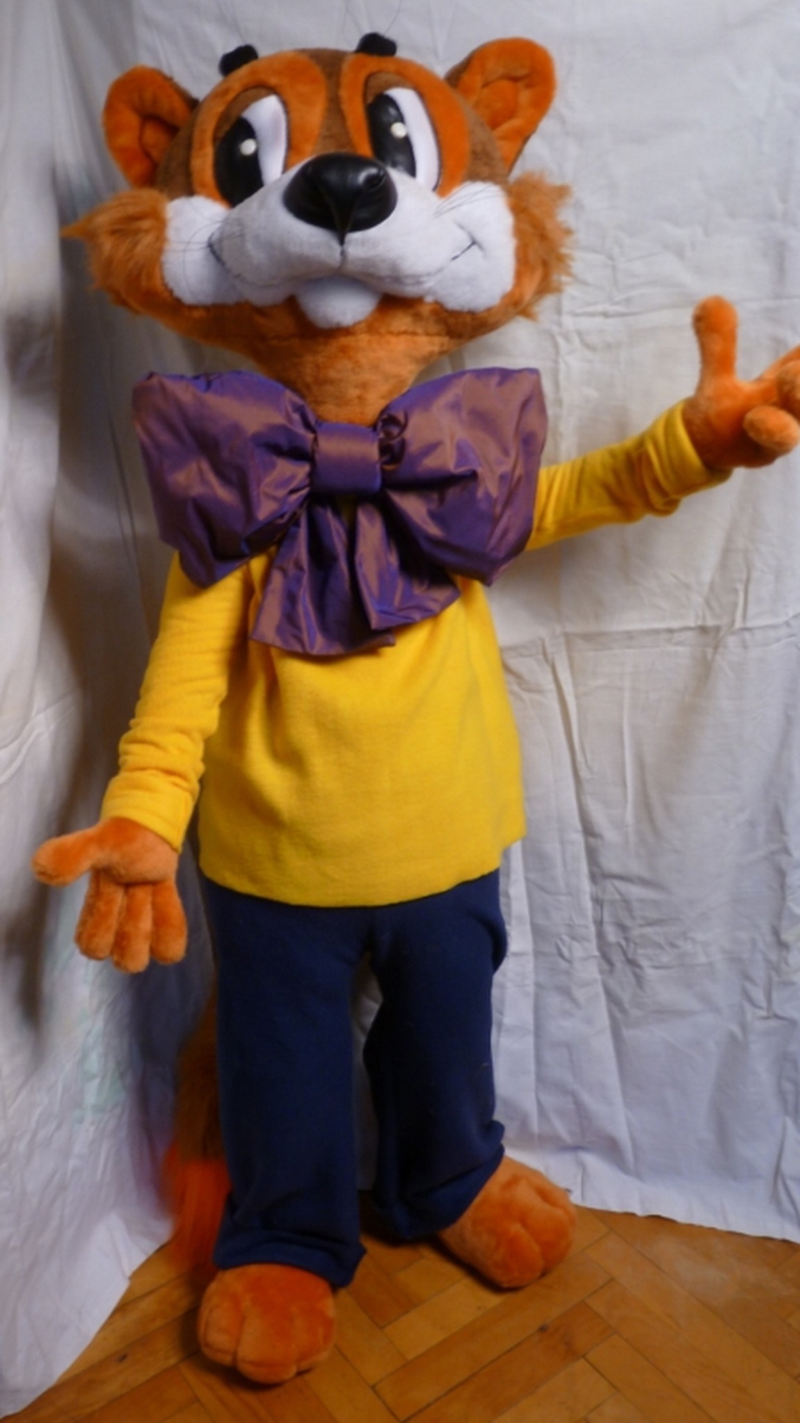 Leopold the Cat plush with a shiny purple bow, yellow top and navy trousers, Soviet cartoon cat made to order
