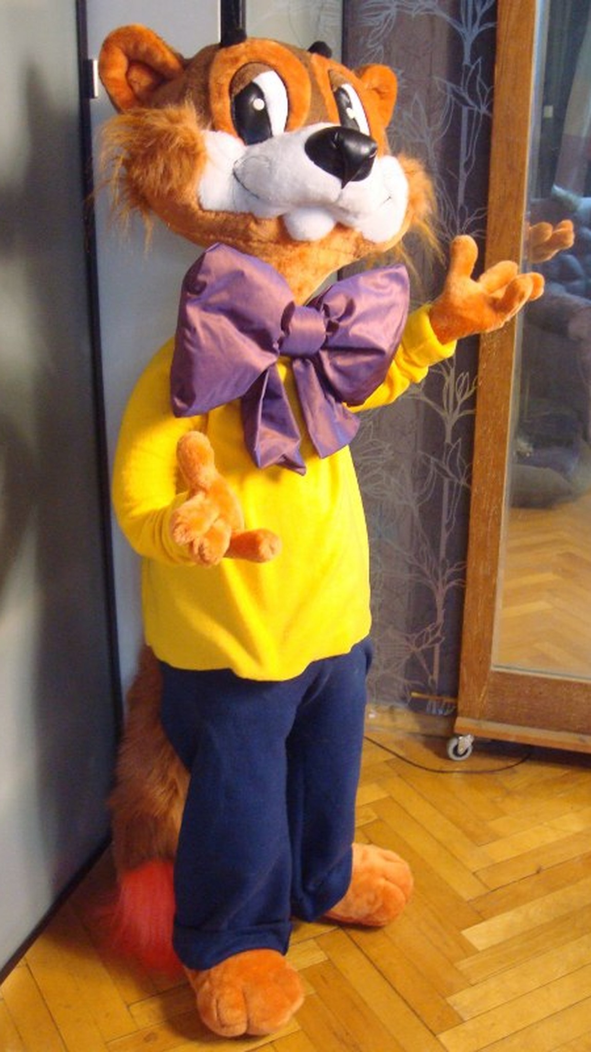 Big Leopold the Cat stuffed animal with a fluffy red-tipped tail and purple bow, handmade to order