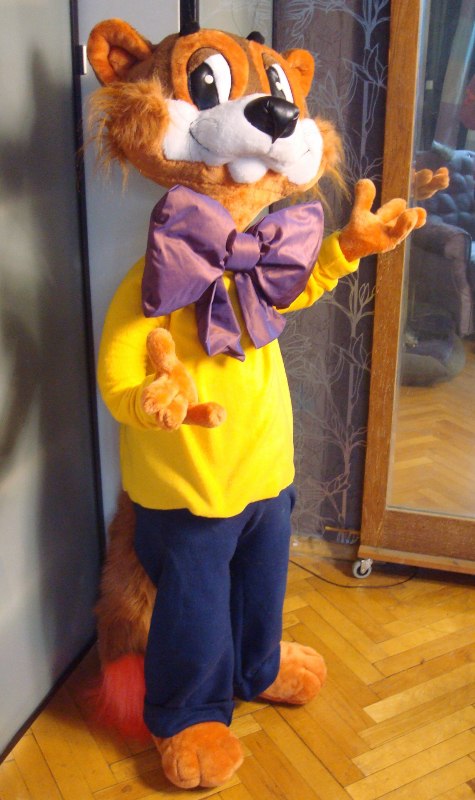 Big Leopold the Cat stuffed animal Handmade big Leopold the Cat stuffed animal, fluffy tail with red-orange tip, yellow top and purple bow