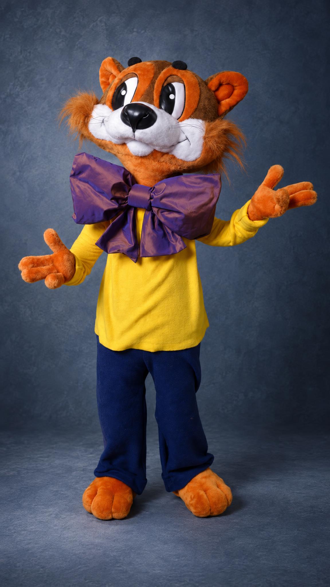 Custom Leopold the Cat plush standing with arms open, ginger faux fur, purple bow tie, made to order