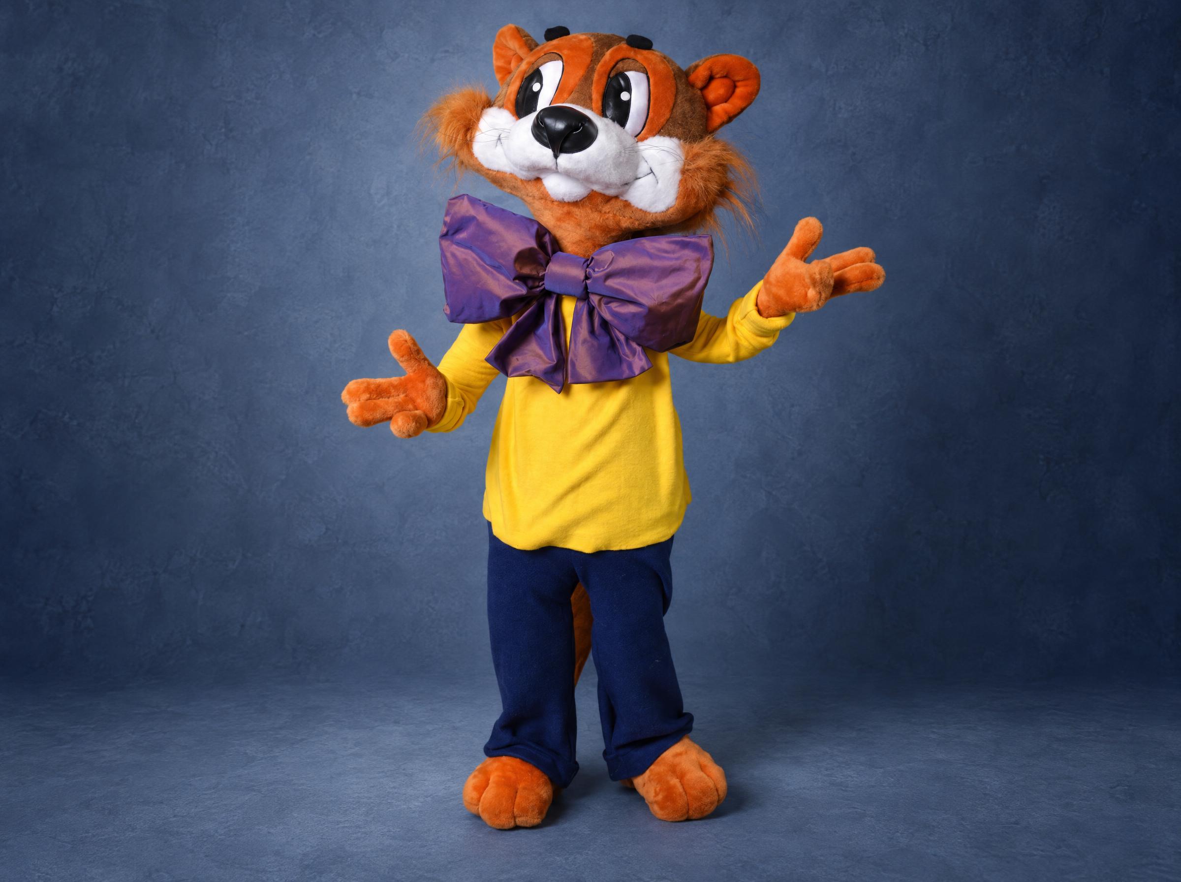 Big Leopold the Cat plush from the Soviet cartoon, purple bow, yellow top, navy trousers, handmade to order