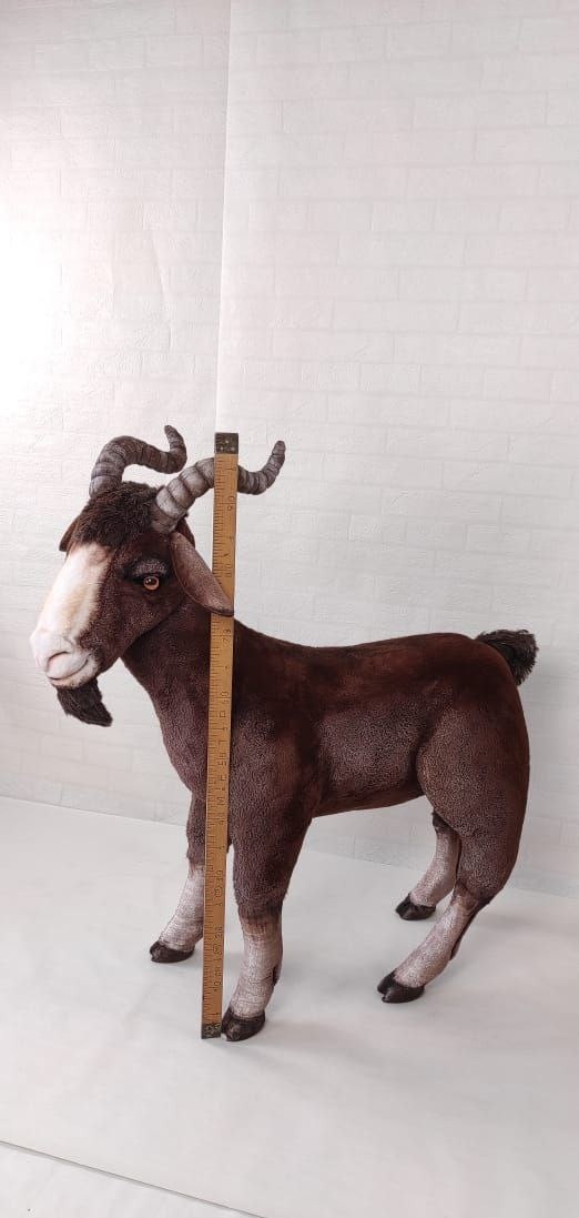 Life size goat plush, about 1 m tall Life size goat plush beside a one-meter ruler that reaches his horn tips, handmade to order