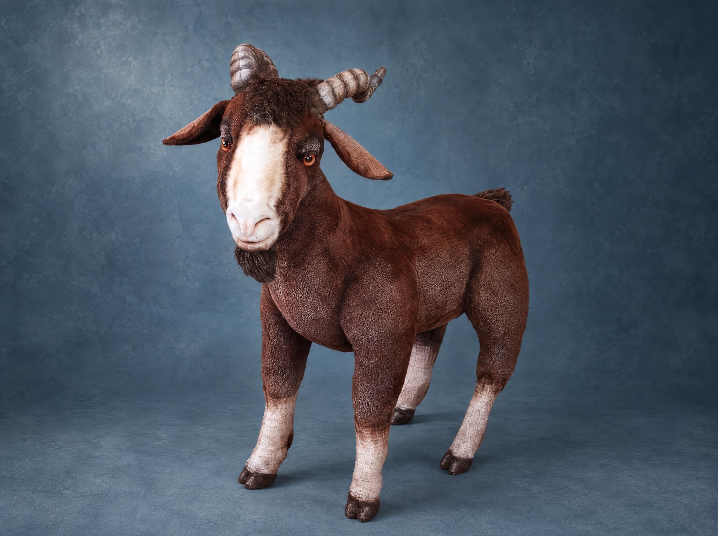 Life size goat stuffed animal: a brown billy goat with curled horns and a beard, handmade to order