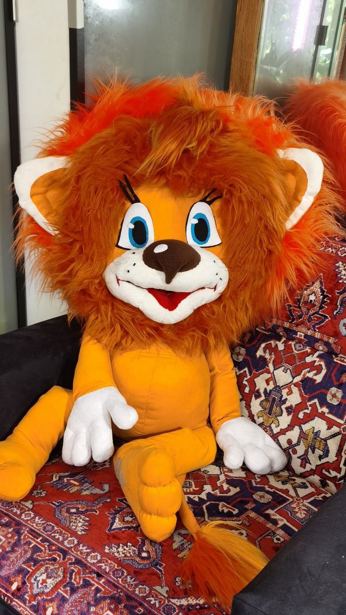 Big lion cub plush in an armchair, ginger faux fur mane and blue eyes, Soviet cartoon cub made to order