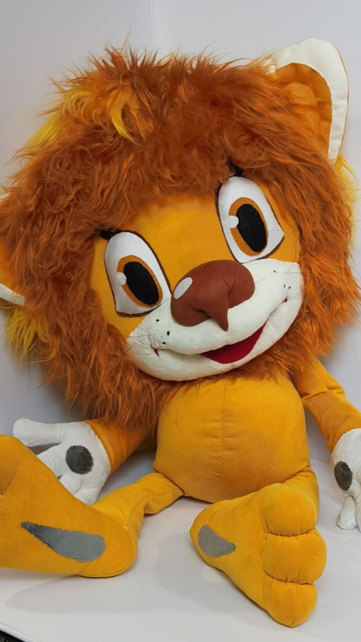 Lion cub stuffed animal with white gloved hands and a wide smile, Soviet cartoon cub sewn to order