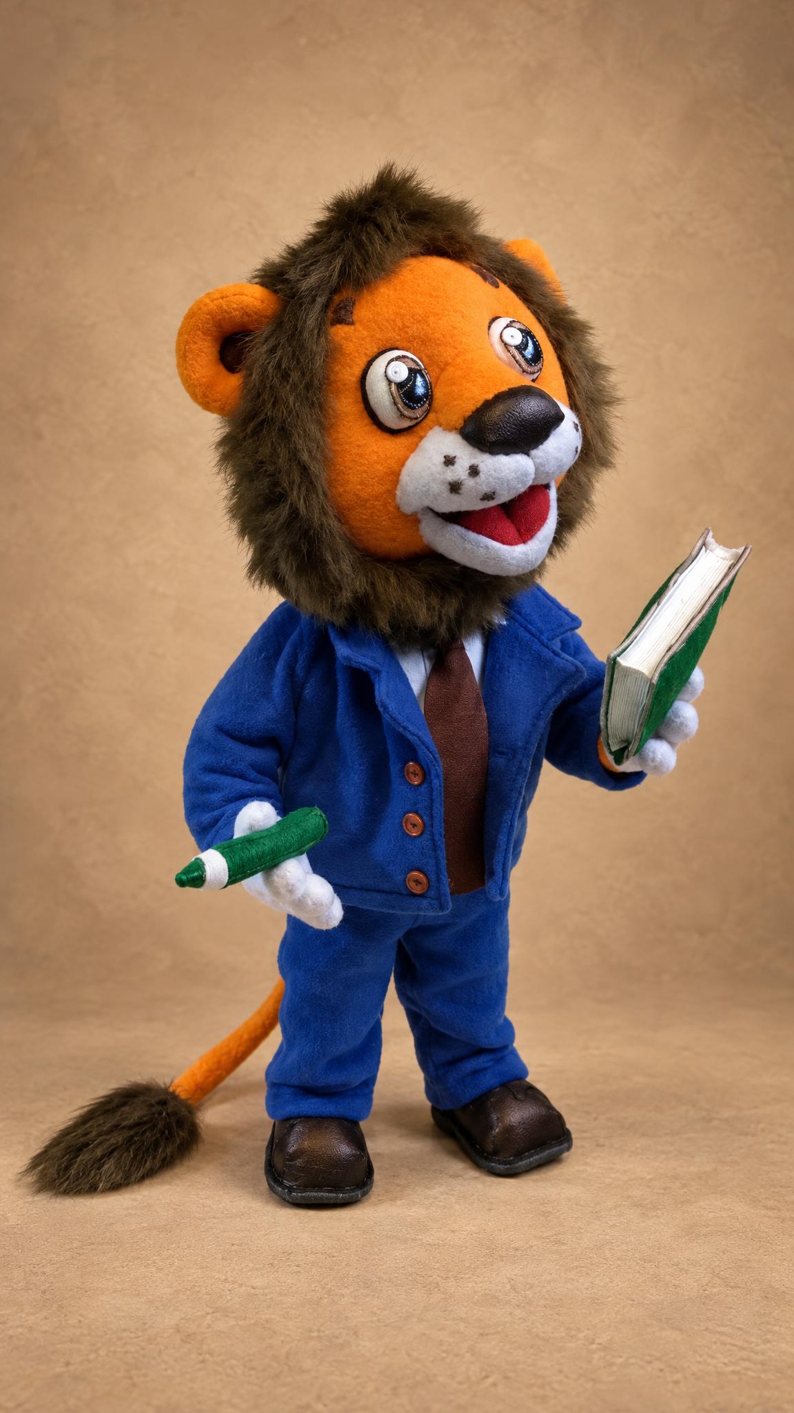 Handmade lion mascot plush with glossy eyes, open smile and a green marker in a white glove hand, sewn to order