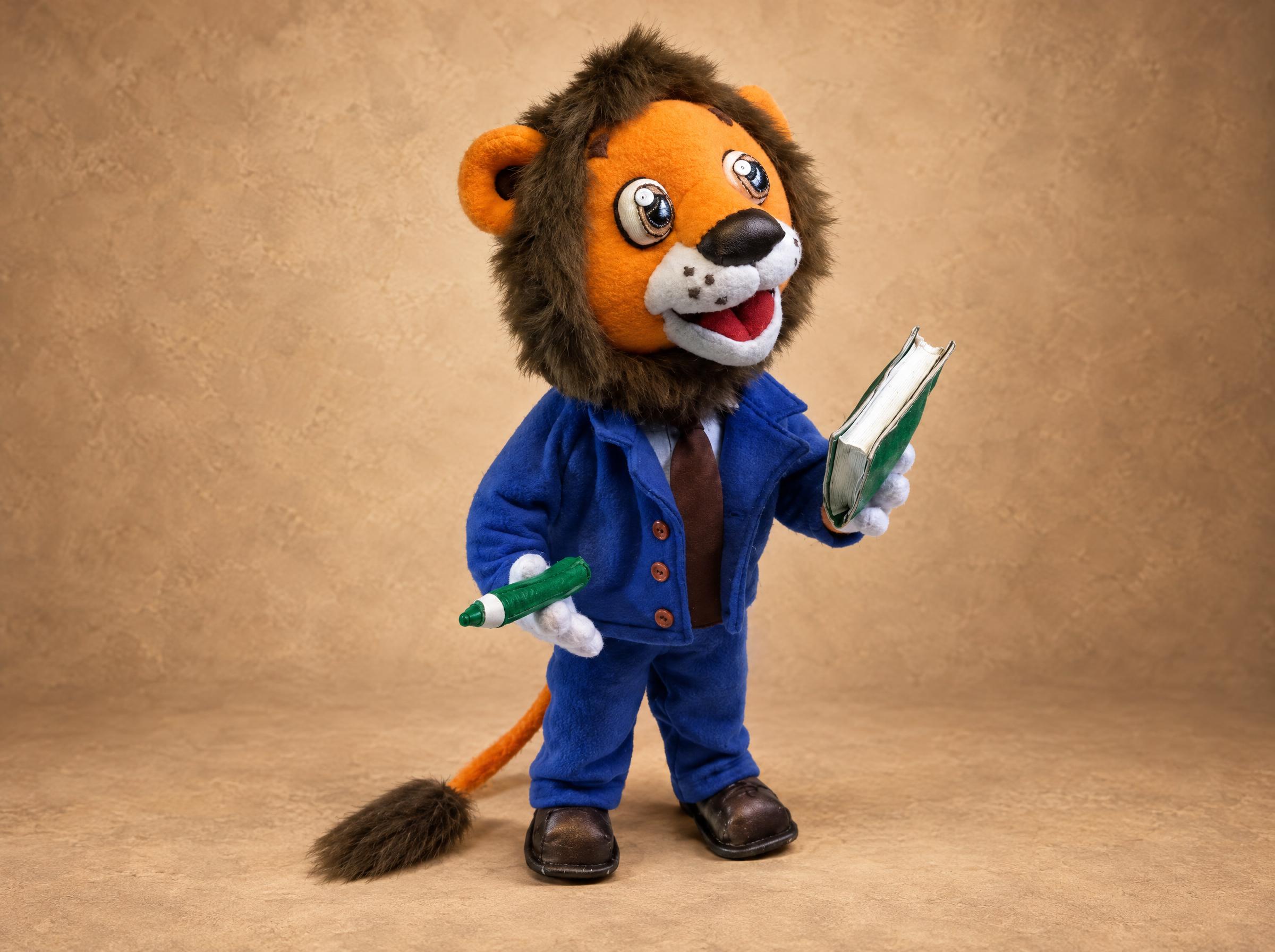 Lion mascot plush in a royal blue suit and brown tie with a faux fur mane, holding a book, made to order