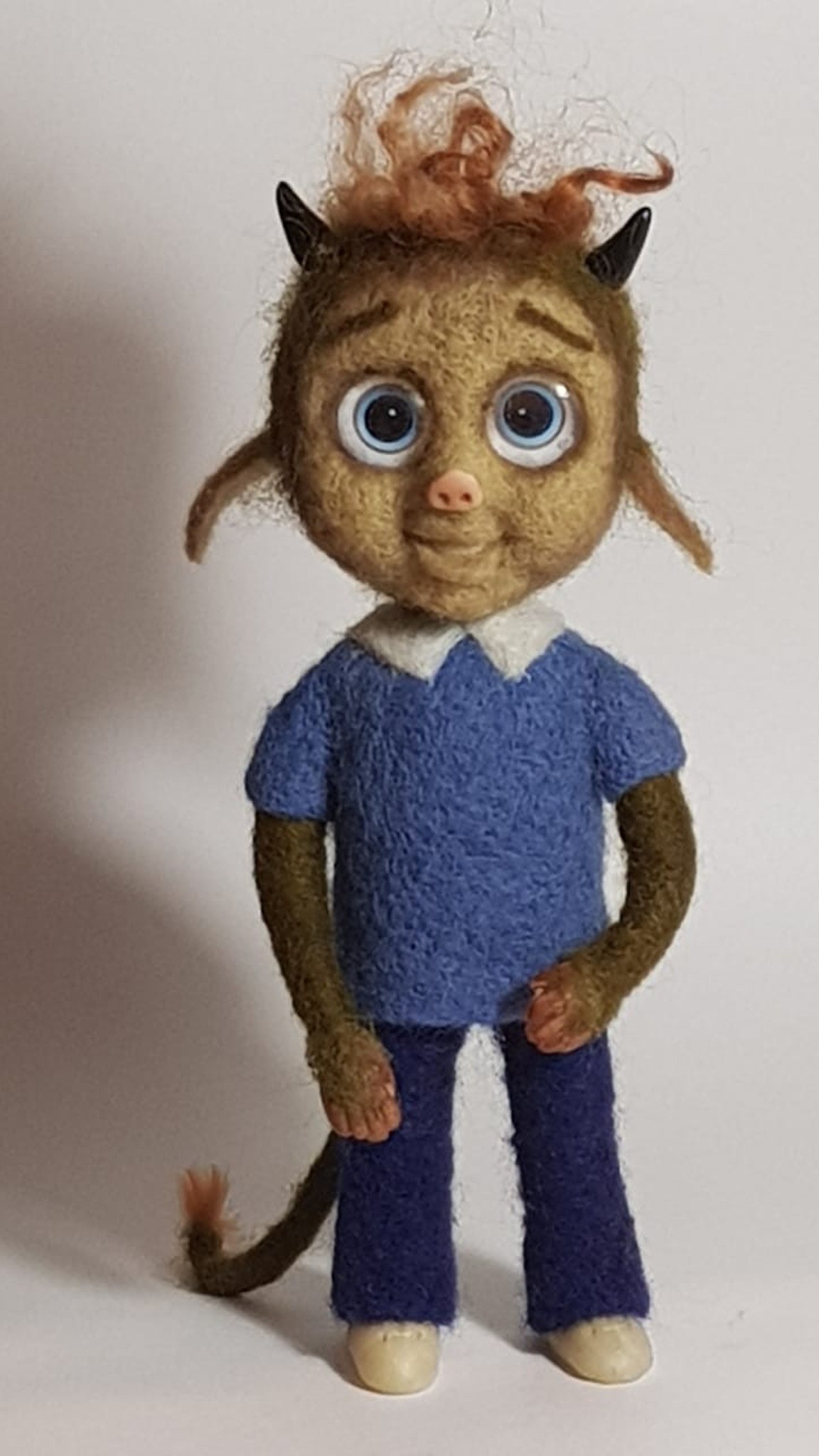 Little devil doll with black horns, ginger curls and a tufted tail, needle-felted to order
