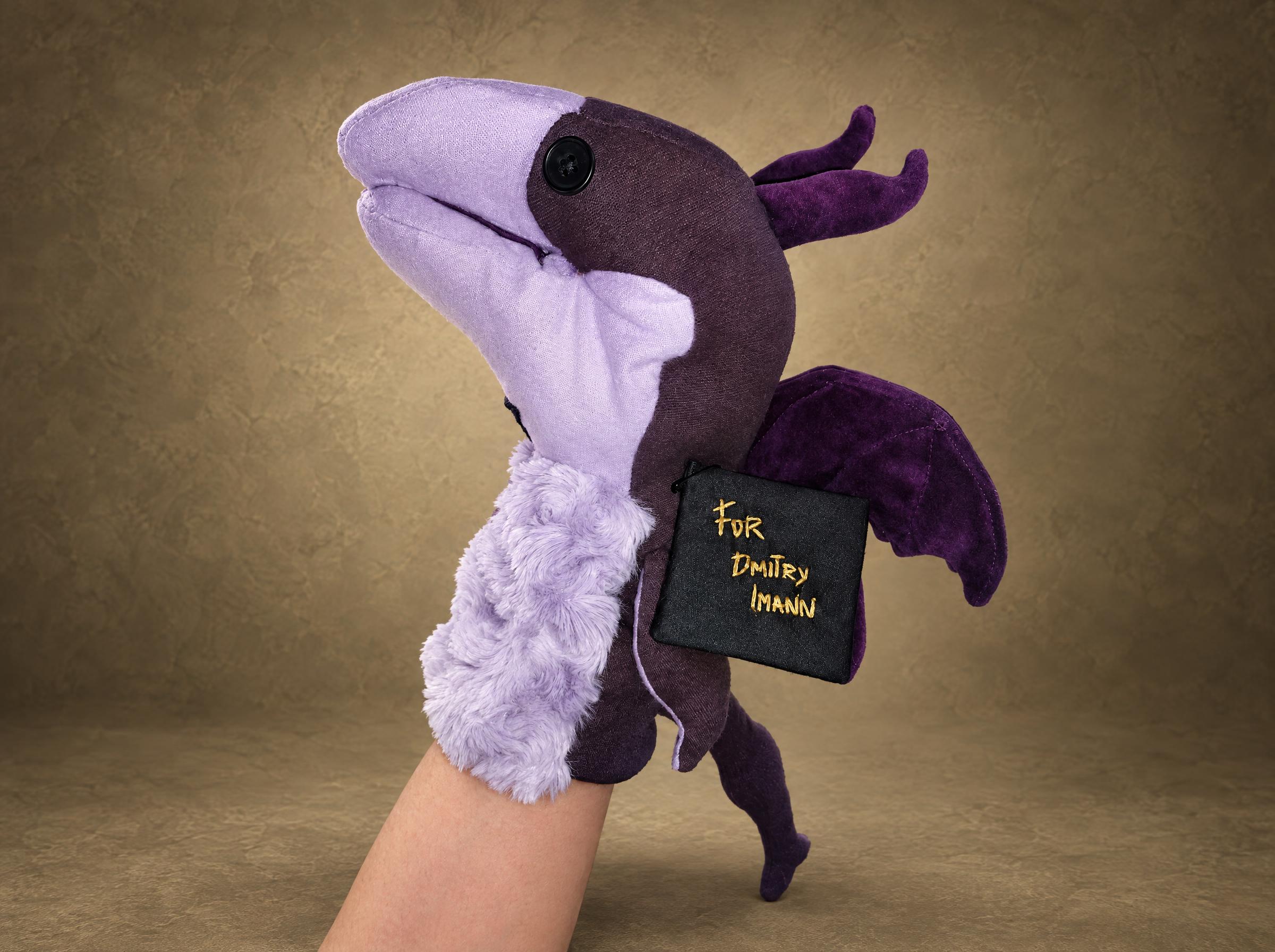 Lockheed puppet from The New Mutants, a plum and lilac dragon with velvet wings, sewn to order from screenshots