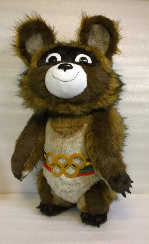 Long-pile Olympic Misha plush, an earlier one we sewed An earlier Olympic Misha plush we sewed: shaggy long-pile brown faux fur, gold rings on a striped belt