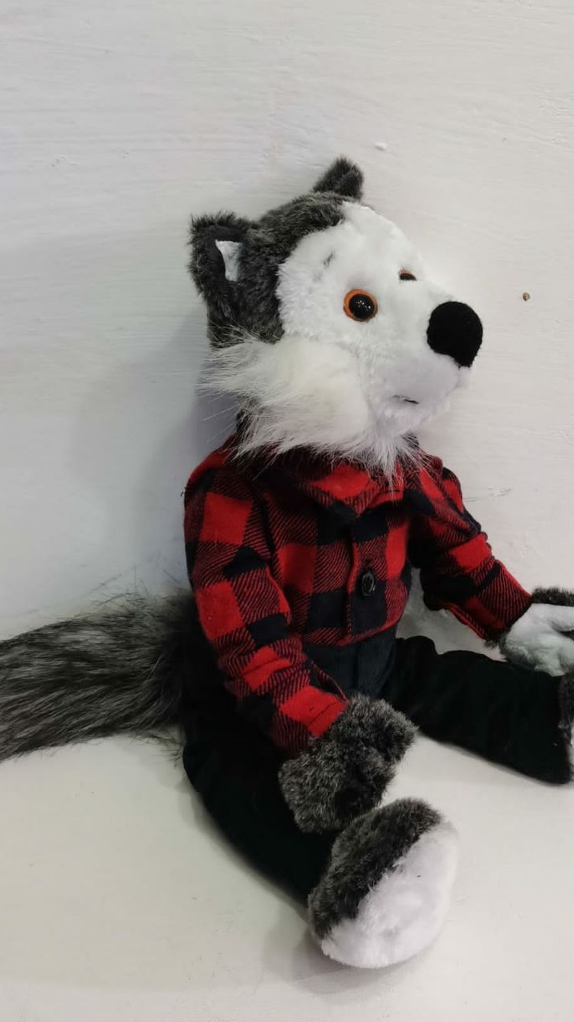 Lost childhood wolf toy remade as a plush with a long grey tail and plaid shirt, made to order