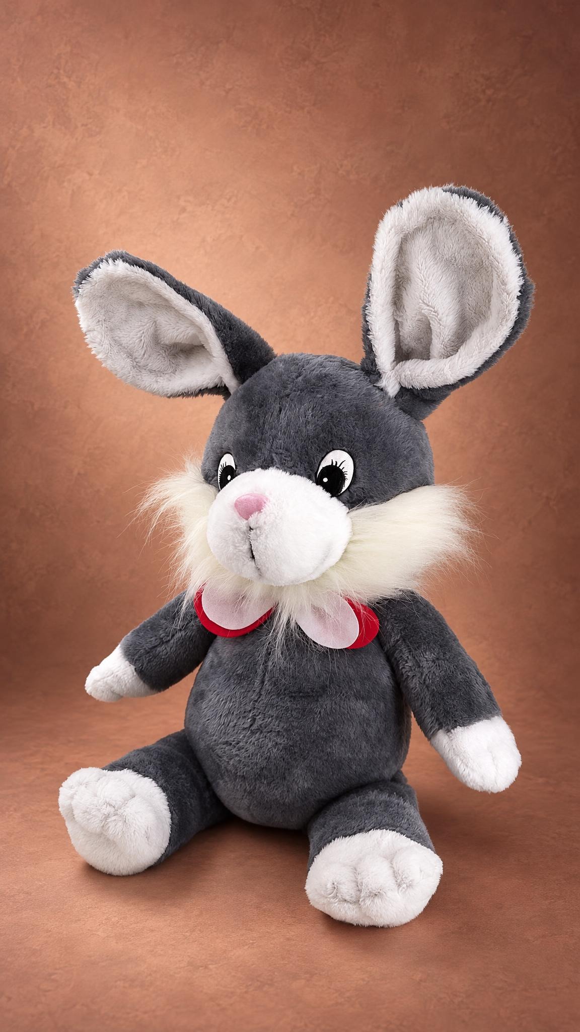 Childhood bunny plush recreated to order: gray faux fur, white cheek fluff, pink nose and a bow under the chin