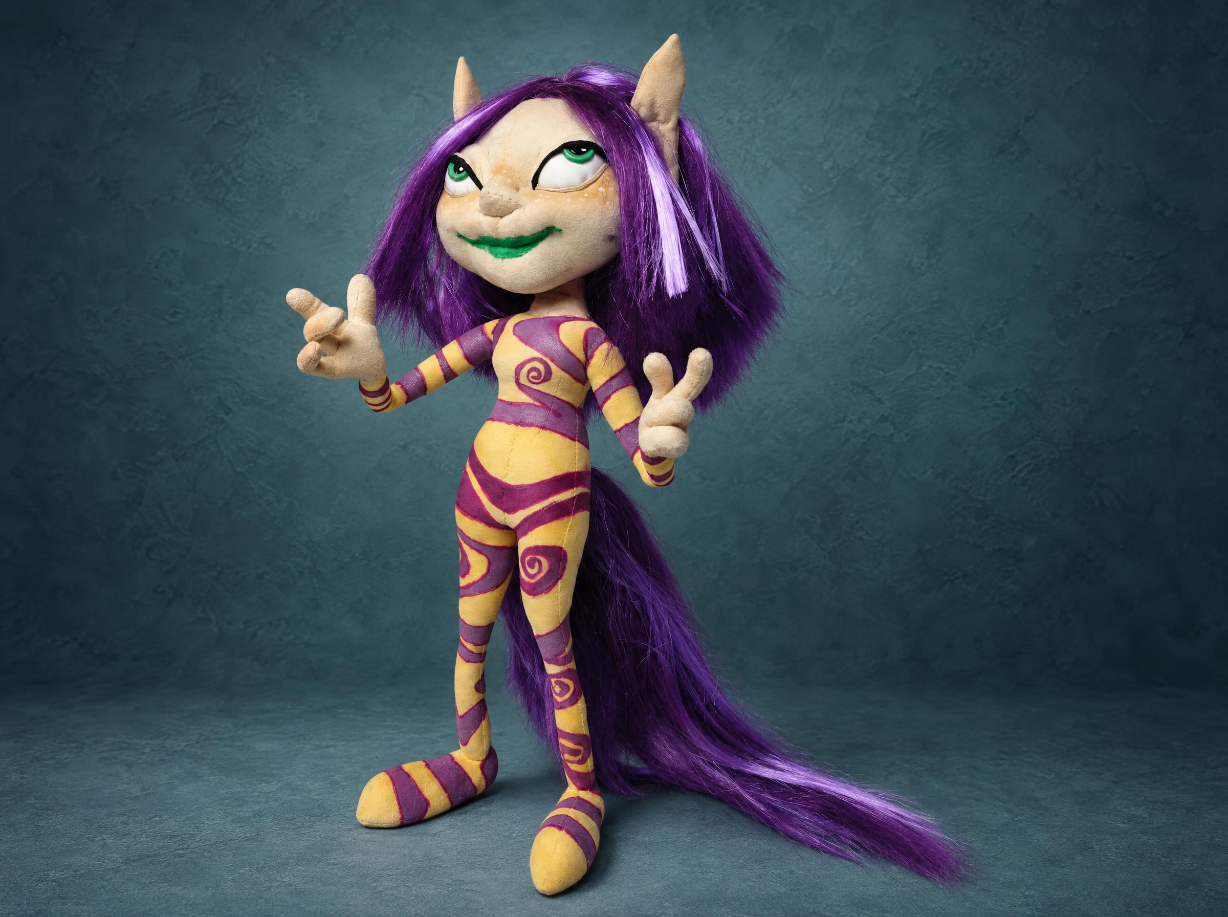 Ly the Fairy plush doll from Rayman 2 with long purple hair and a hand-painted yellow swirl suit, made to order
