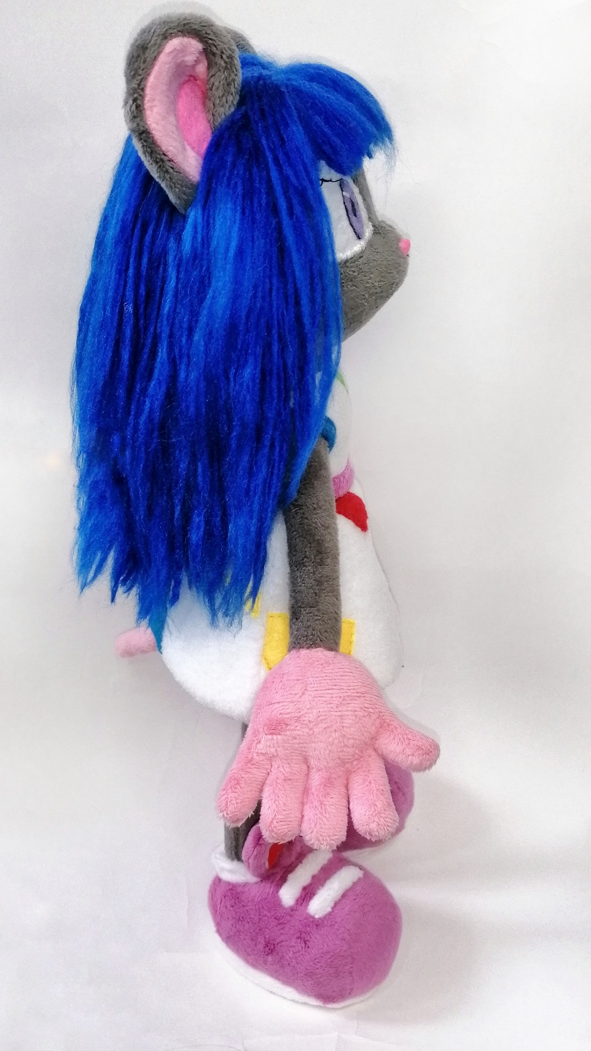 Magistra plush mouse with long blue hair down her back and purple sneakers, custom OC doll sewn to order