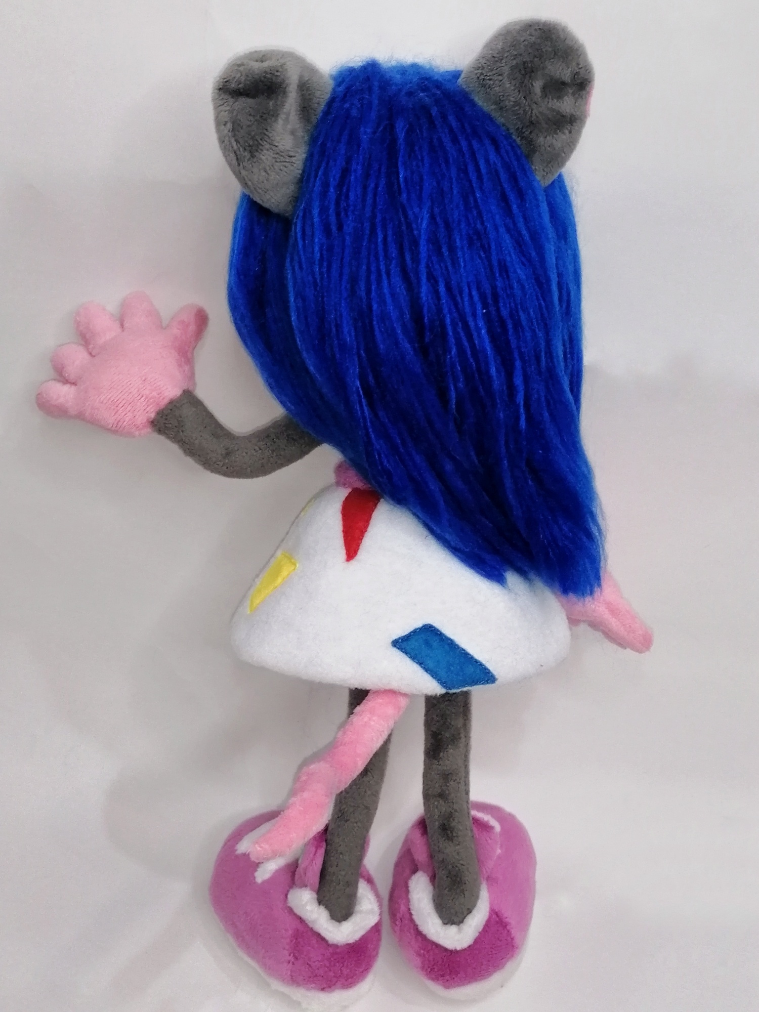 Magistra OC plush, pink tail Magistra OC plush from behind: long blue hair, pink tail and white patched dress, custom mouse doll to order