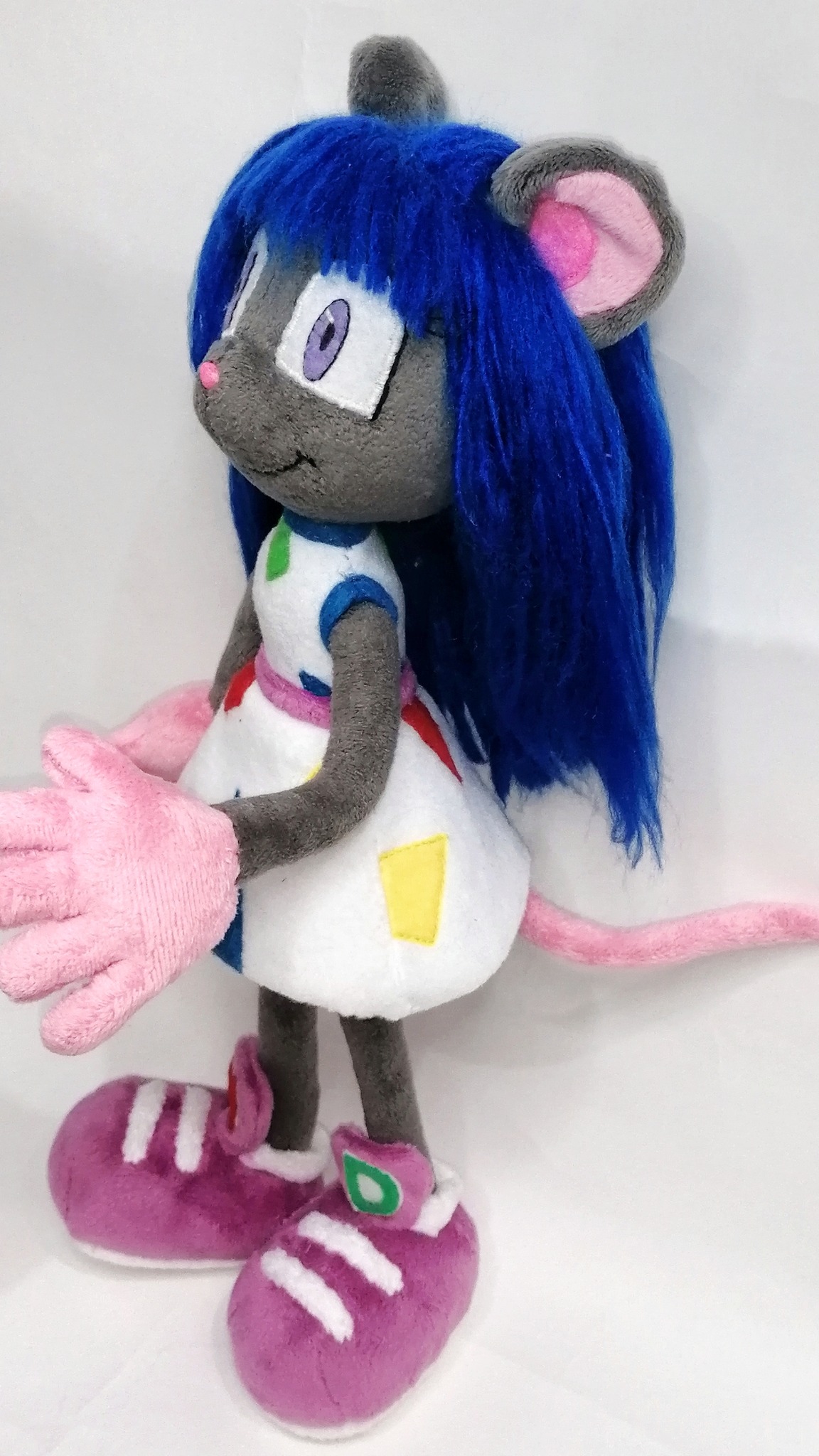 Magistra Sonic OC plush with a pink tail and purple striped sneakers, grey mouse doll handmade to order