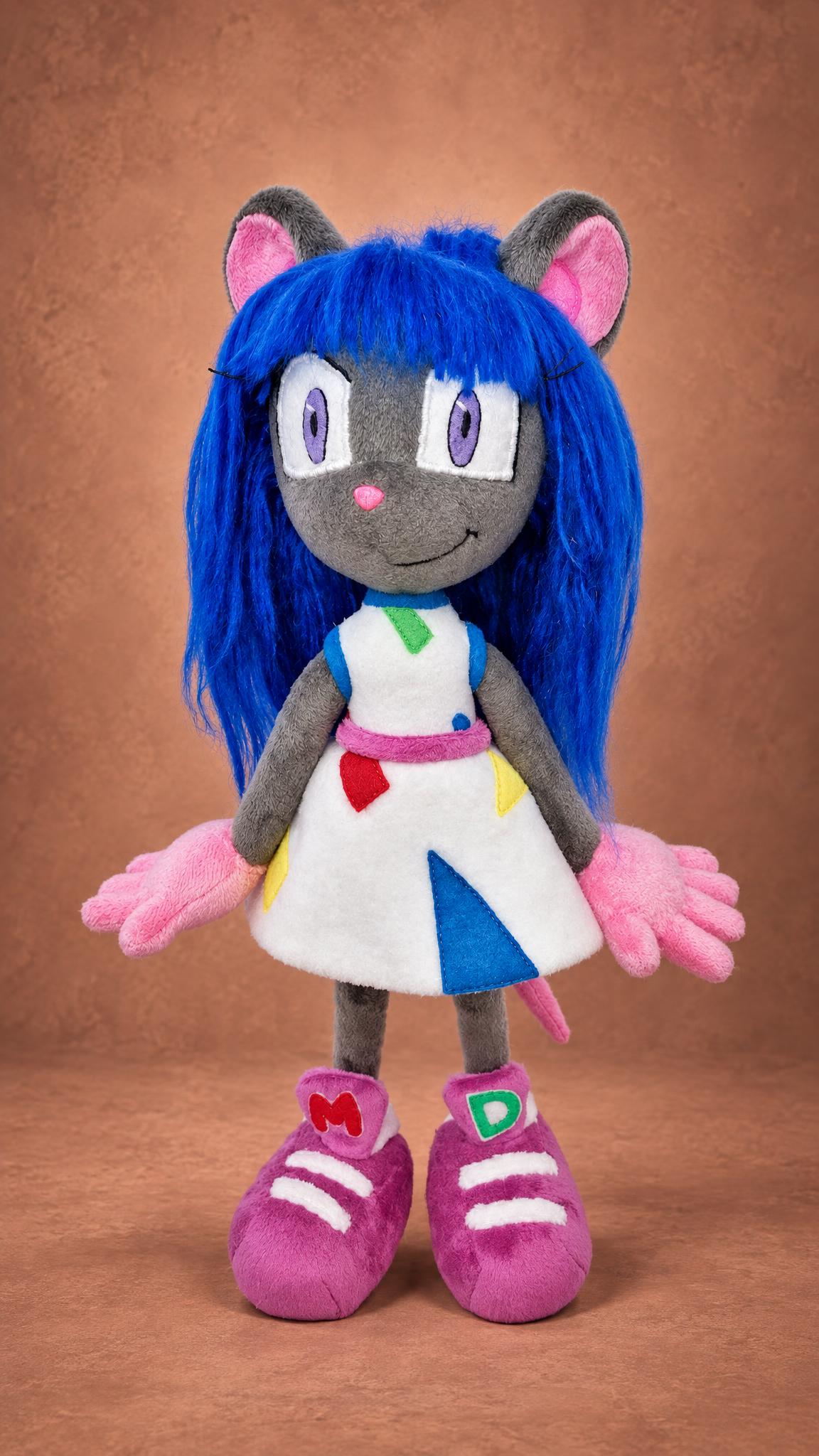 Custom OC plush of Magistra the mouse with big pink hands and purple M and D sneakers, sewn by hand to order