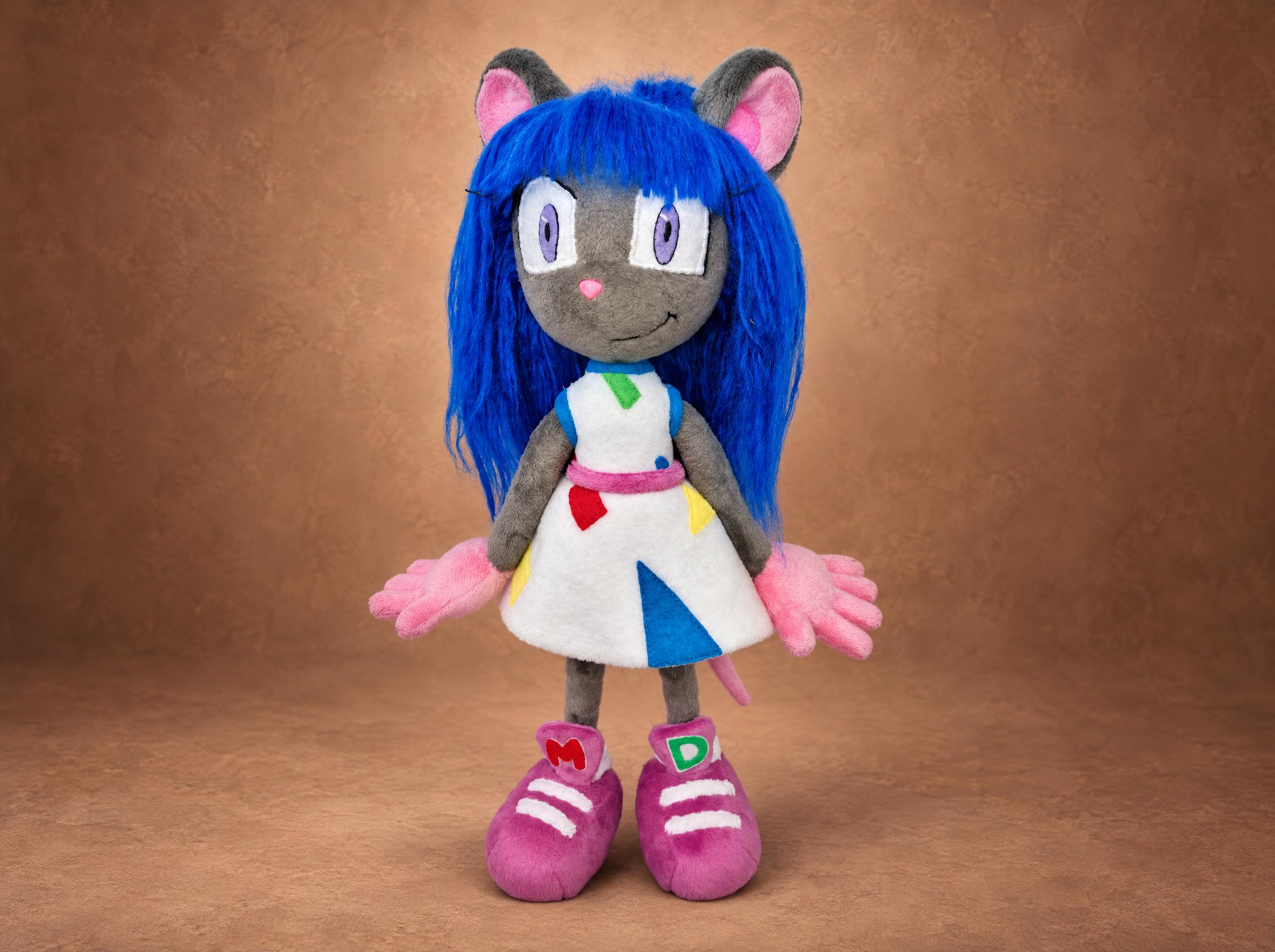 Magistra Sonic OC plush doll, a grey mouse with long blue hair and a patched white dress, handmade to order
