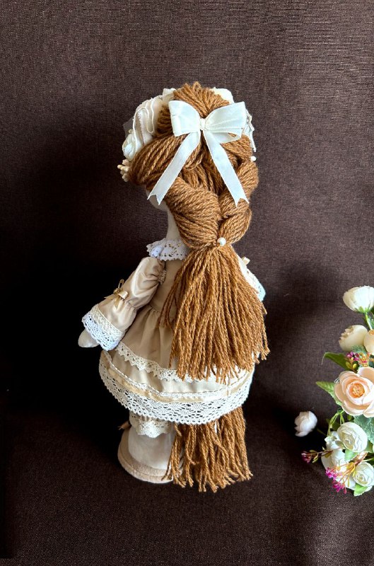 Mare horse plush with a braided tail Mare horse plush with a braided yarn tail and a cream ribbon bow on her hat, custom made to order