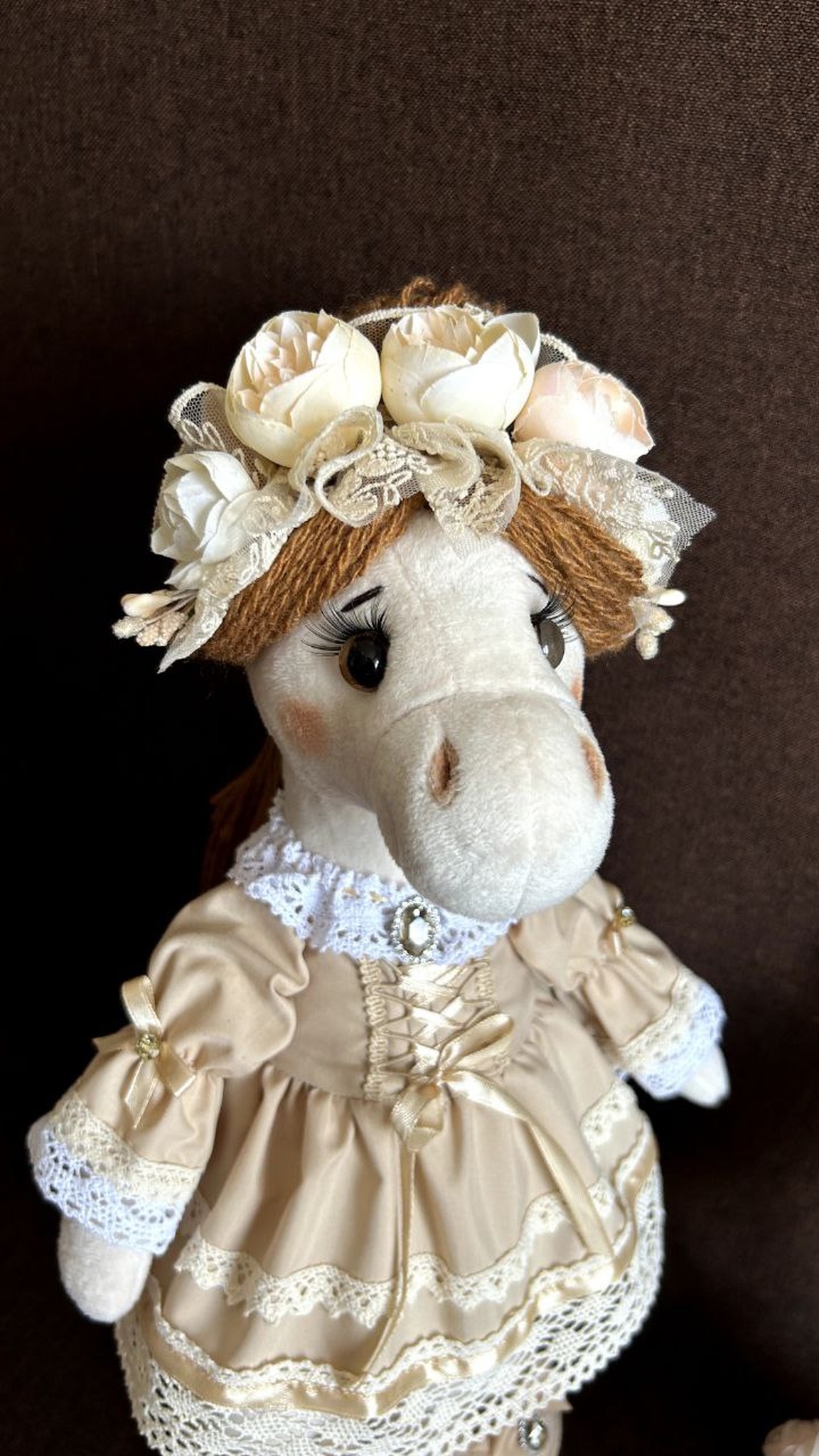 Mare horse plush in a lace dress and a hat of cream flowers, handmade Year of the Horse gift to order
