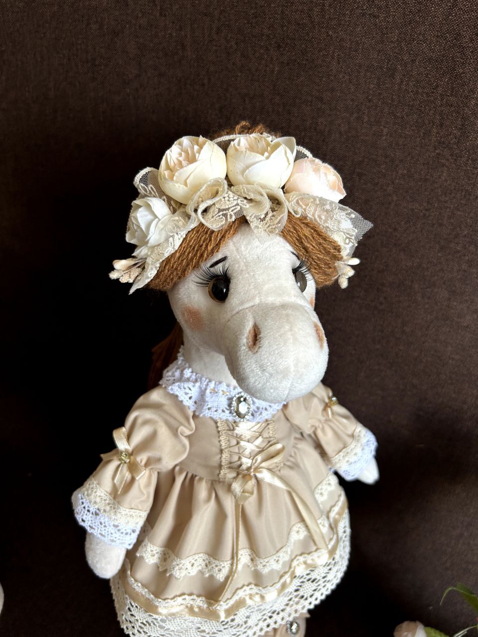 Mare horse plush in a flower hat Mare horse plush in a lace dress and a hat of cream flowers, handmade Year of the Horse gift to order