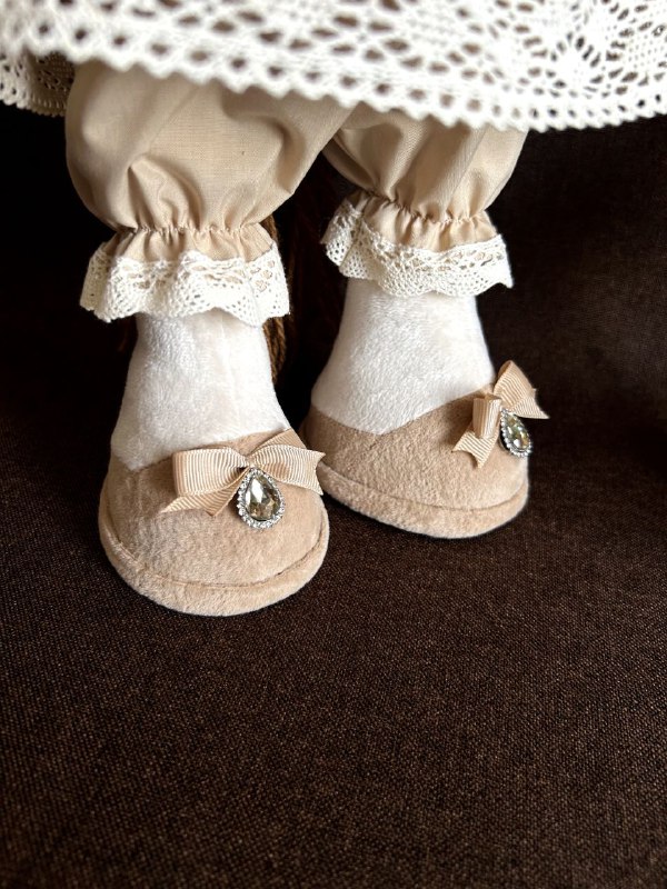 Mare plush shoes with satin bows Mare plush shoes with satin bows and gem drops, lace bloomers under the dress, custom made to order