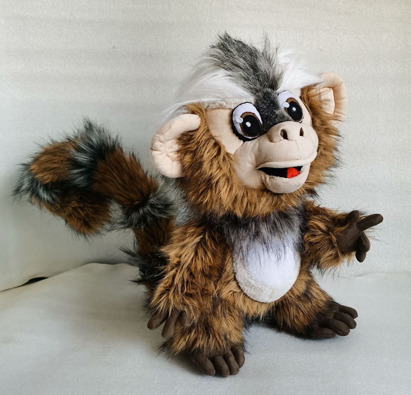 Marmoset monkey plush with banded tail Marmoset monkey plush with a long banded tail in brown and grey faux fur, made to order