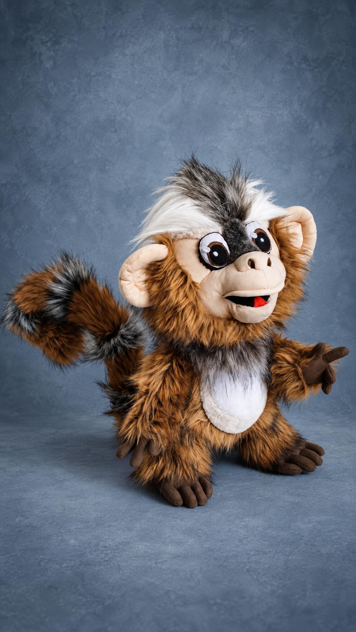 Custom marmoset plush pointing, striped tail raised and a white and grey crest, sewn by hand to order