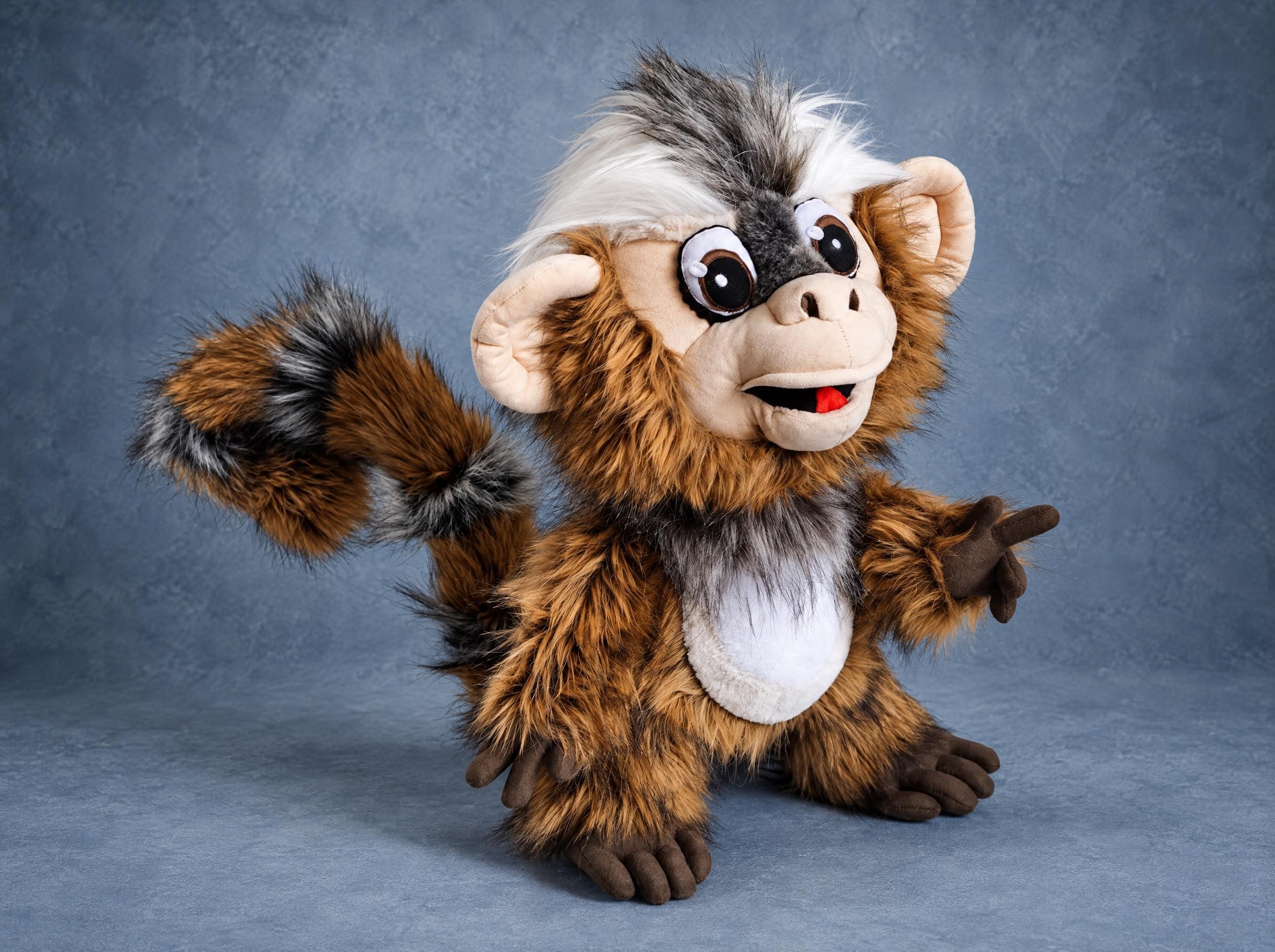 Marmoset monkey plush in shaggy brown faux fur with a ringed tail and white crest, handmade to order
