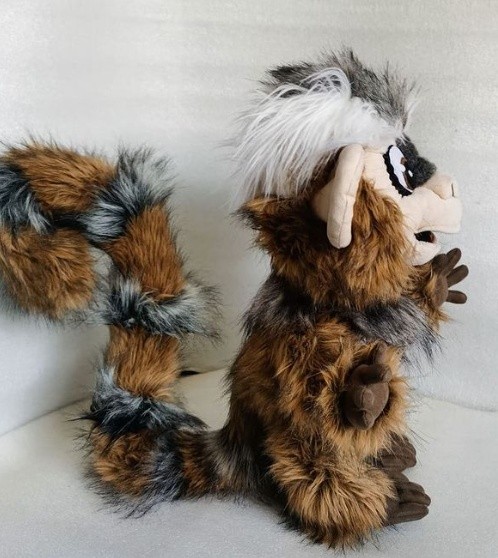Marmoset plush with ringed tail Handmade marmoset plush seen from the side, ringed brown and grey tail standing tall, made to order