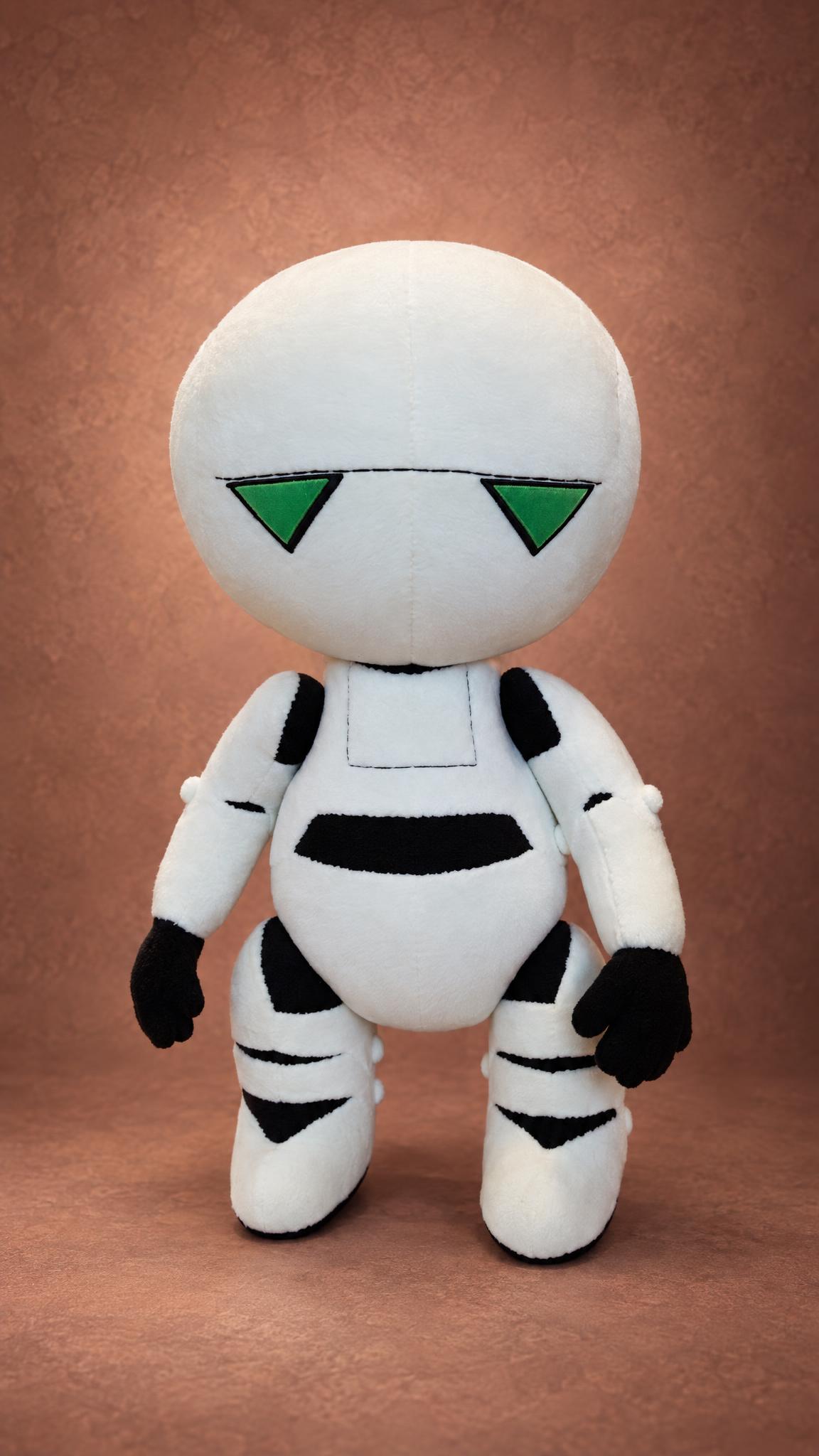 Handmade Marvin plush robot from The Hitchhiker's Guide to the Galaxy, white with black panels, custom made
