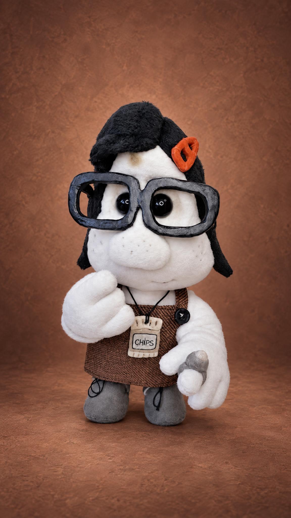 Handmade Mary and Max plush doll of Mary Daisy Dinkle in a brown apron dress and grey boots, sewn to order