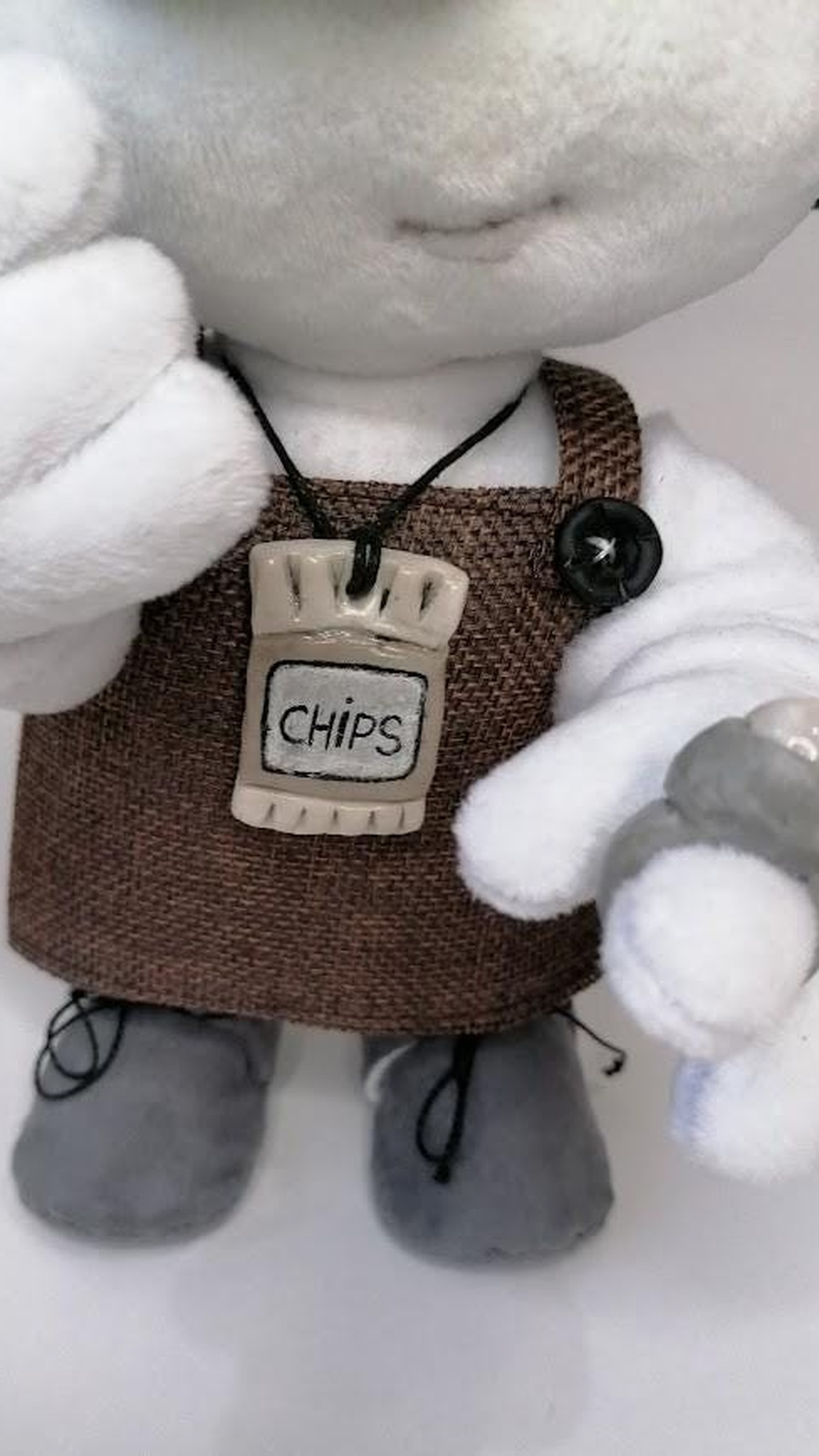 Mary and Max plush doll of Mary Daisy Dinkle with CHIPS pendant, woven apron dress and grey boots, handmade