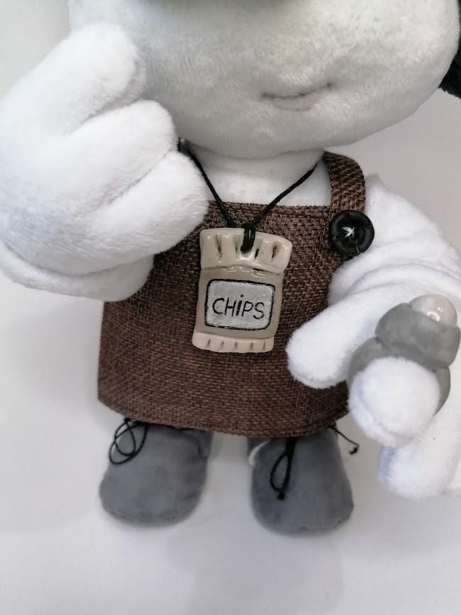 Mary Daisy Dinkle plush with CHIPS pendant Mary Daisy Dinkle plush doll with a CHIPS pendant on a cord and a brown woven apron, handmade to order