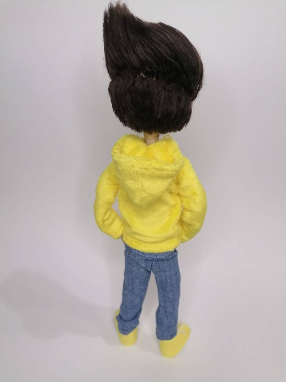 Mascot doll hoodie and jeans Custom mascot doll in a yellow plush hoodie, denim jeans and stitched yellow sneakers, made to order
