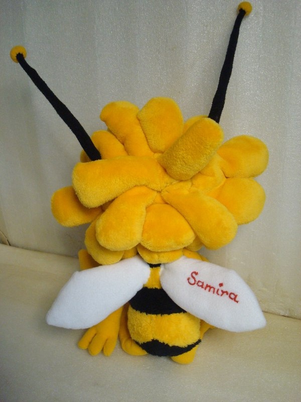 Maya the Bee plush with a name on the wing Maya the Bee plush with a name embroidered in red on her white wing, petal hair, personalized and made to order