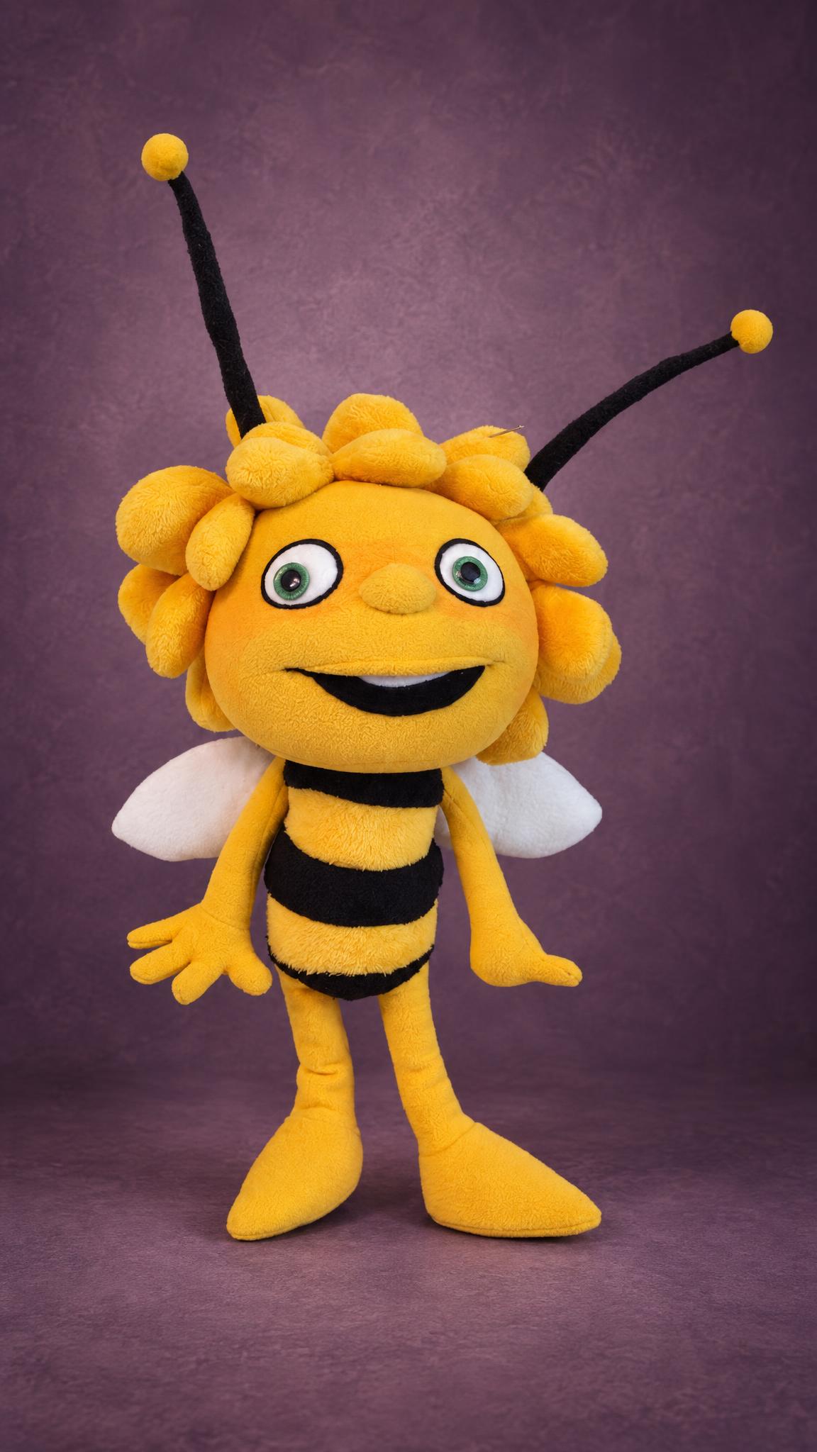 Handmade Maya the Bee plush toy standing on big yellow feet, white wings and green eyes, sewn to order