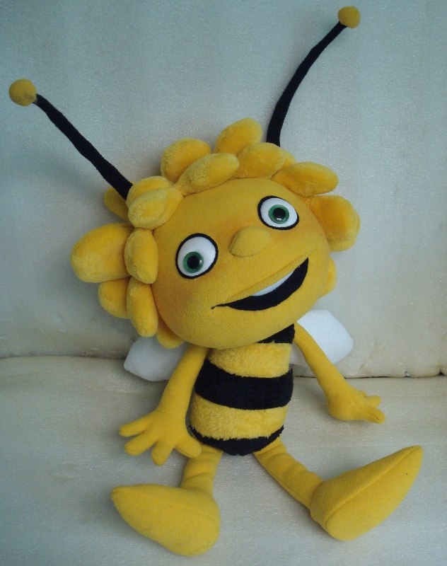 Maya the Bee stuffed animal, sitting Maya the Bee stuffed animal sitting with legs out, big smile and separate fingers, a custom plush made to order
